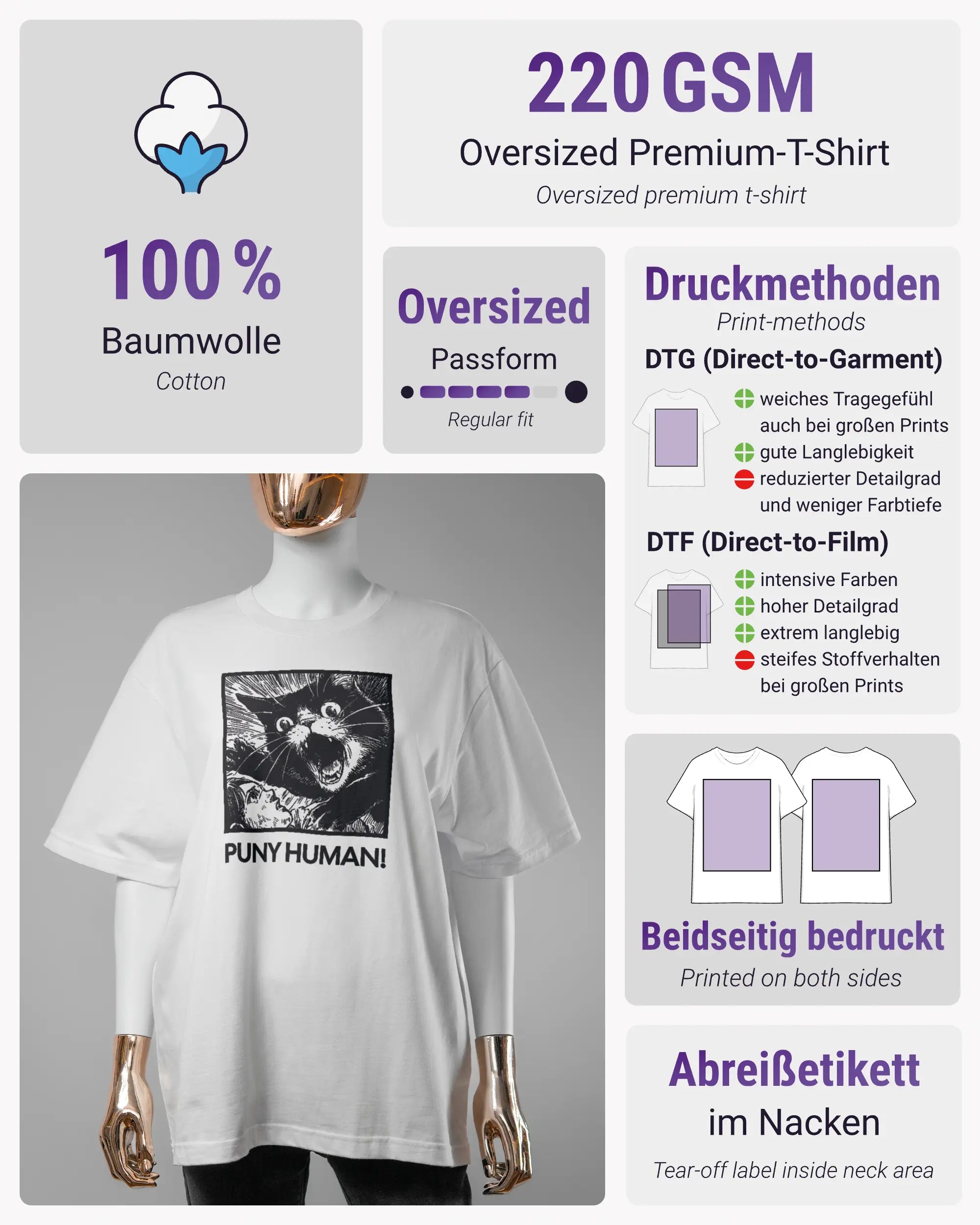 Produktinformationsblatt des Basic Unisex T-Shirt Oversized von Maondo mit dem Design Puny Human vorne in der Farbe White und in der Größe S