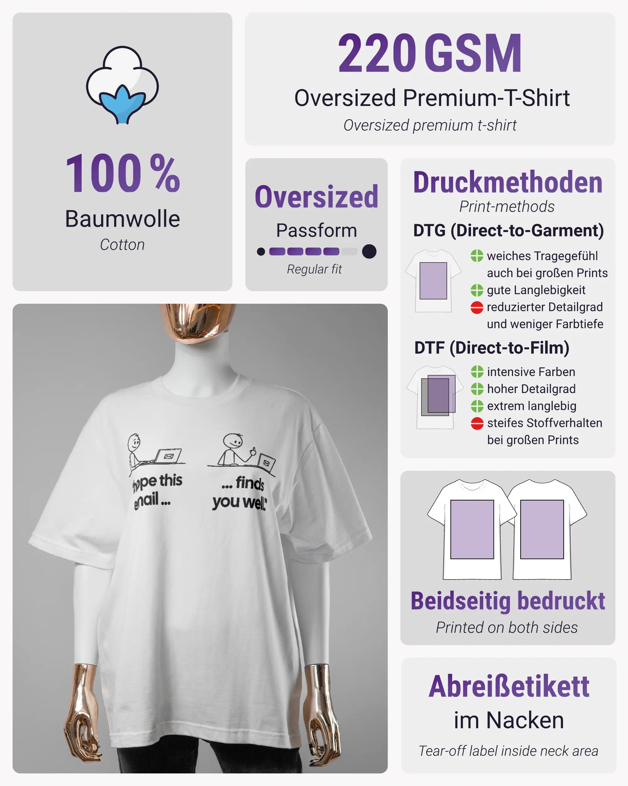 Produktinformationsblatt des Basic Unisex T-Shirt Oversized von Maondo mit dem Design Found me not well vorne in der Farbe White und in der Größe S