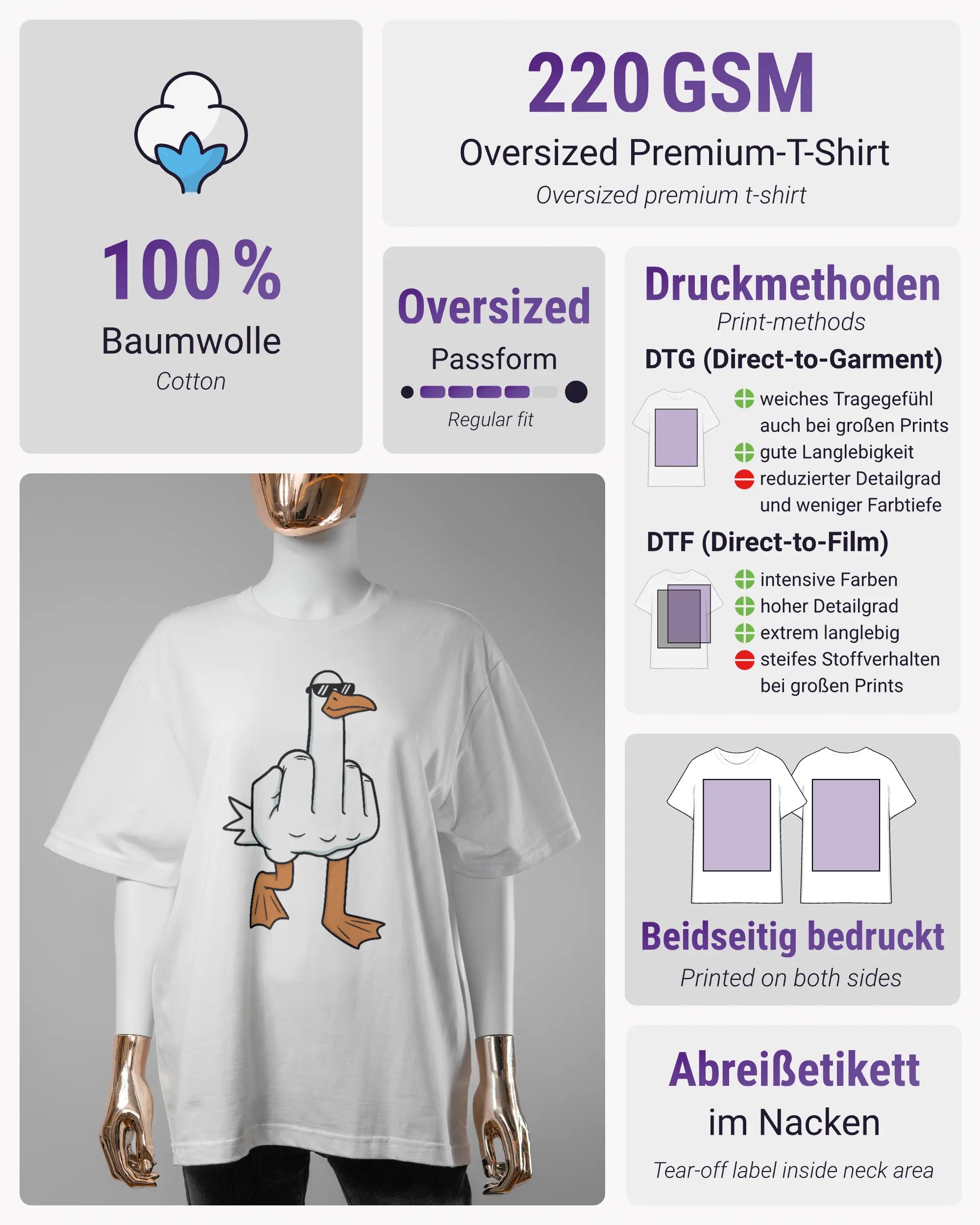 Produktinformationsblatt des Basic Unisex T-Shirt Oversized von Maondo mit dem Design I give a duck vorne in der Farbe White und in der Größe S