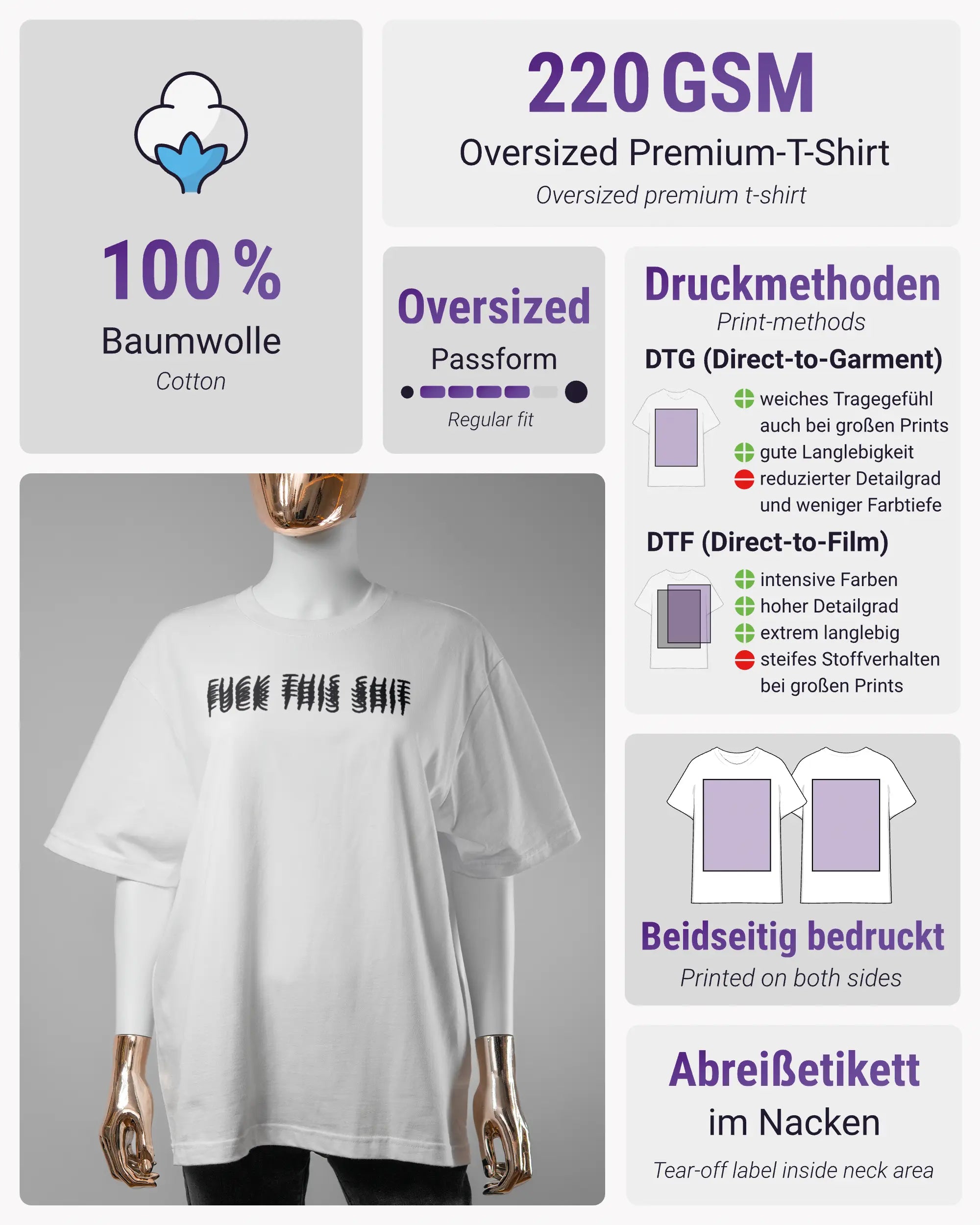 Produktinformationsblatt des Basic Unisex T-Shirt Oversized von Maondo mit dem Design Hidden Message vorne in der Farbe White und in der Größe S
