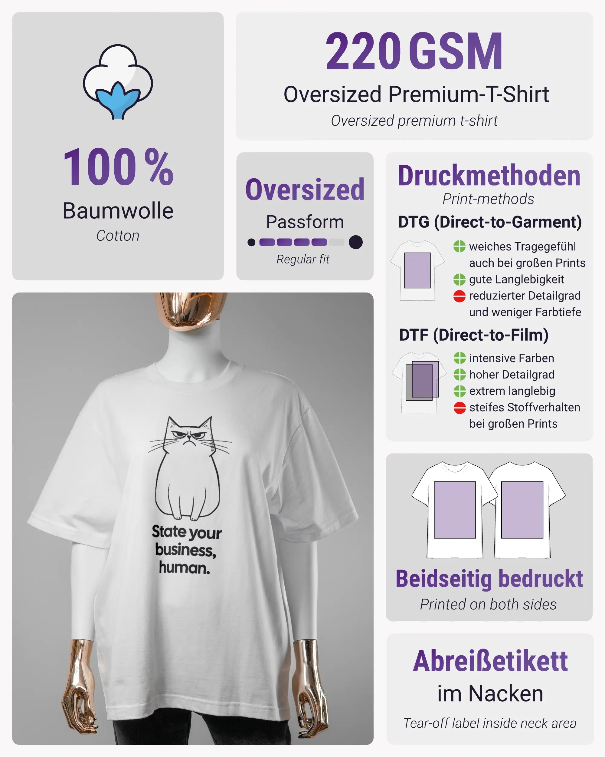 Produktinformationsblatt des Basic Unisex T-Shirt Oversized von Maondo mit dem Design Grumpy Purr vorne in der Farbe White und in der Größe S