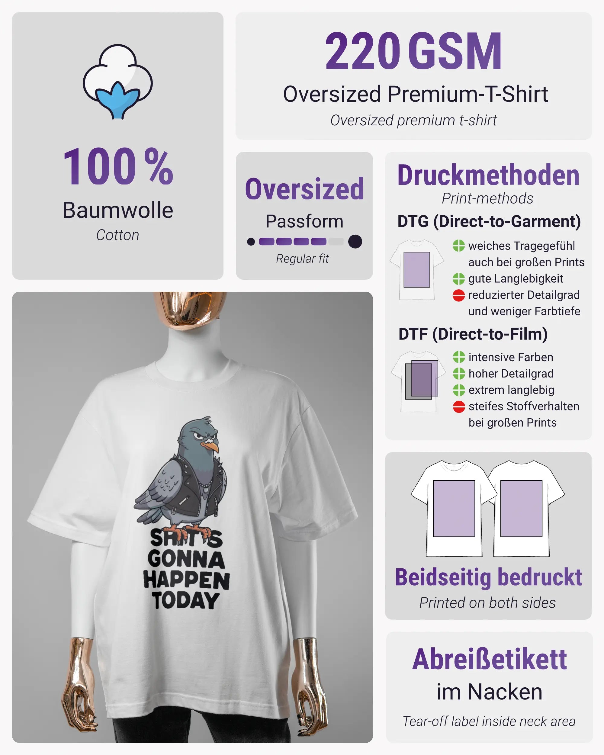 Produktinformationsblatt des Basic Unisex T-Shirt Oversized von Maondo mit dem Design Pigeon Pun vorne in der Farbe White und in der Größe S