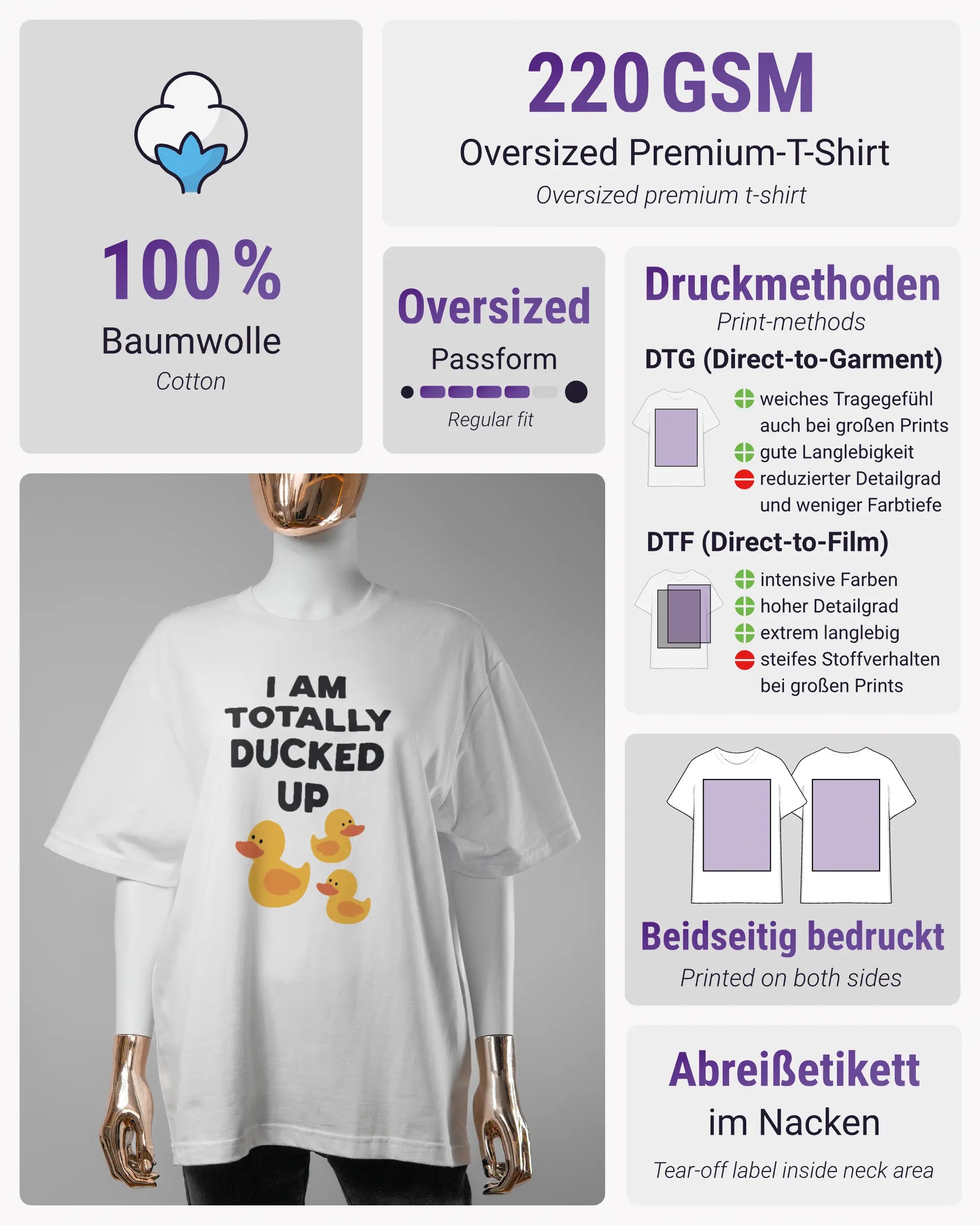Produktinformationsblatt des Basic Unisex T-Shirt Oversized von Maondo mit dem Design Ducked Up vorne in der Farbe White und in der Größe S