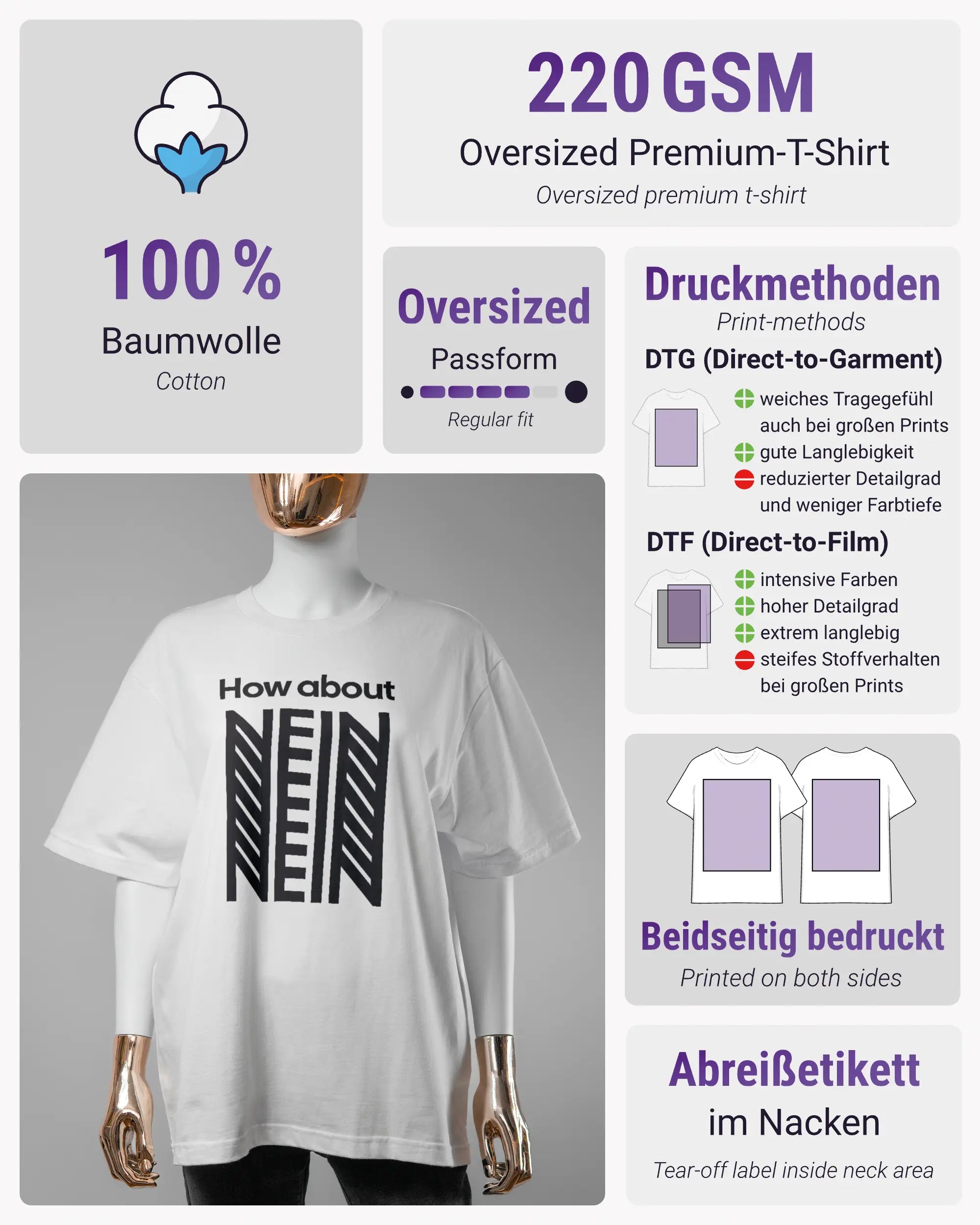 Produktinformationsblatt des Basic Unisex T-Shirt Oversized von Maondo mit dem Design How about nein vorne in der Farbe White und in der Größe S