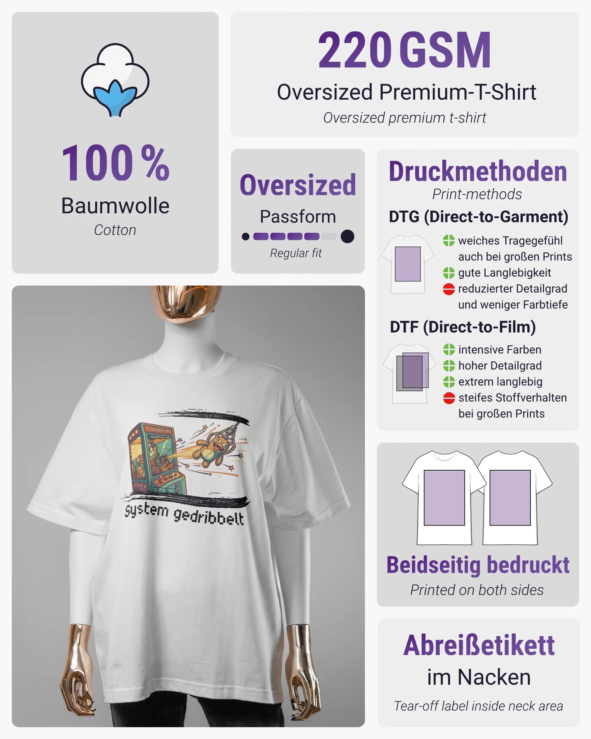 Produktinformationsblatt des Basic Unisex T-Shirt Oversized von Maondo mit dem Design System gedribbelt vorne in der Farbe White und in der Größe S