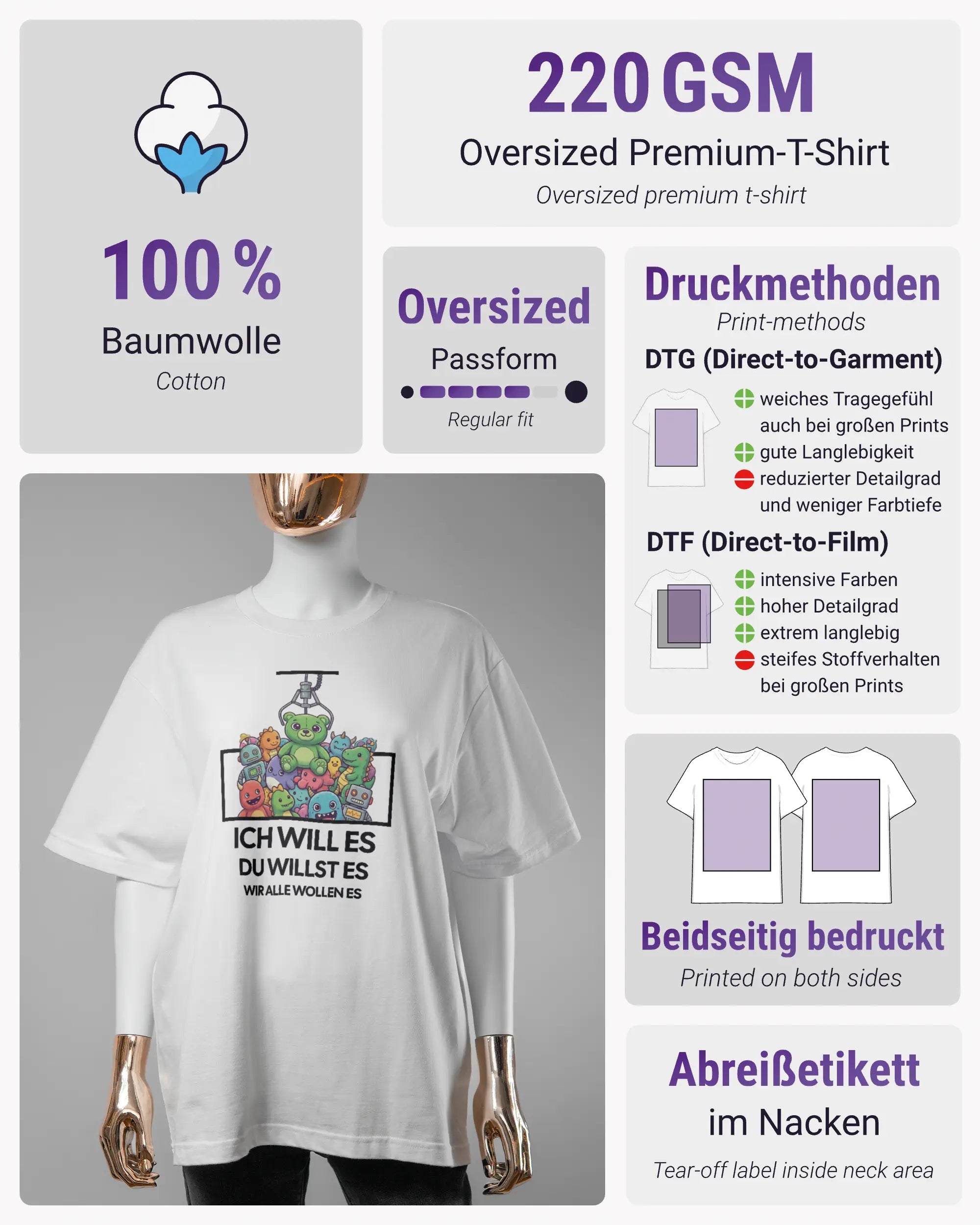 Produktinformationsblatt des Basic Unisex T-Shirt Oversized von Maondo mit dem Design Will Stofftier vorne in der Farbe White und in der Größe S