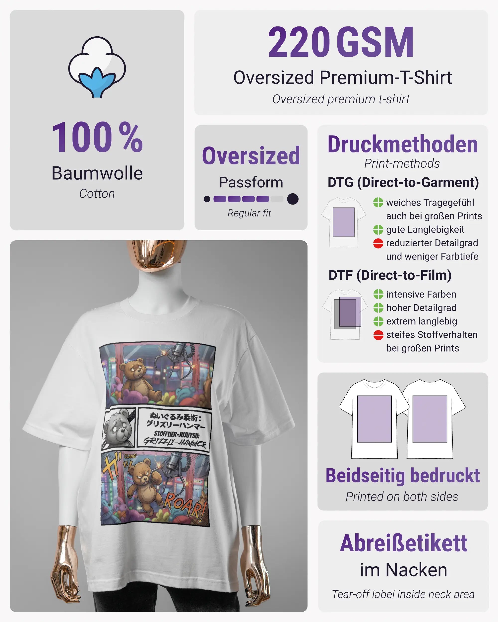 Produktinformationsblatt des Basic Unisex T-Shirt Oversized von Maondo mit dem Design Manga Stoff vorne in der Farbe White und in der Größe S