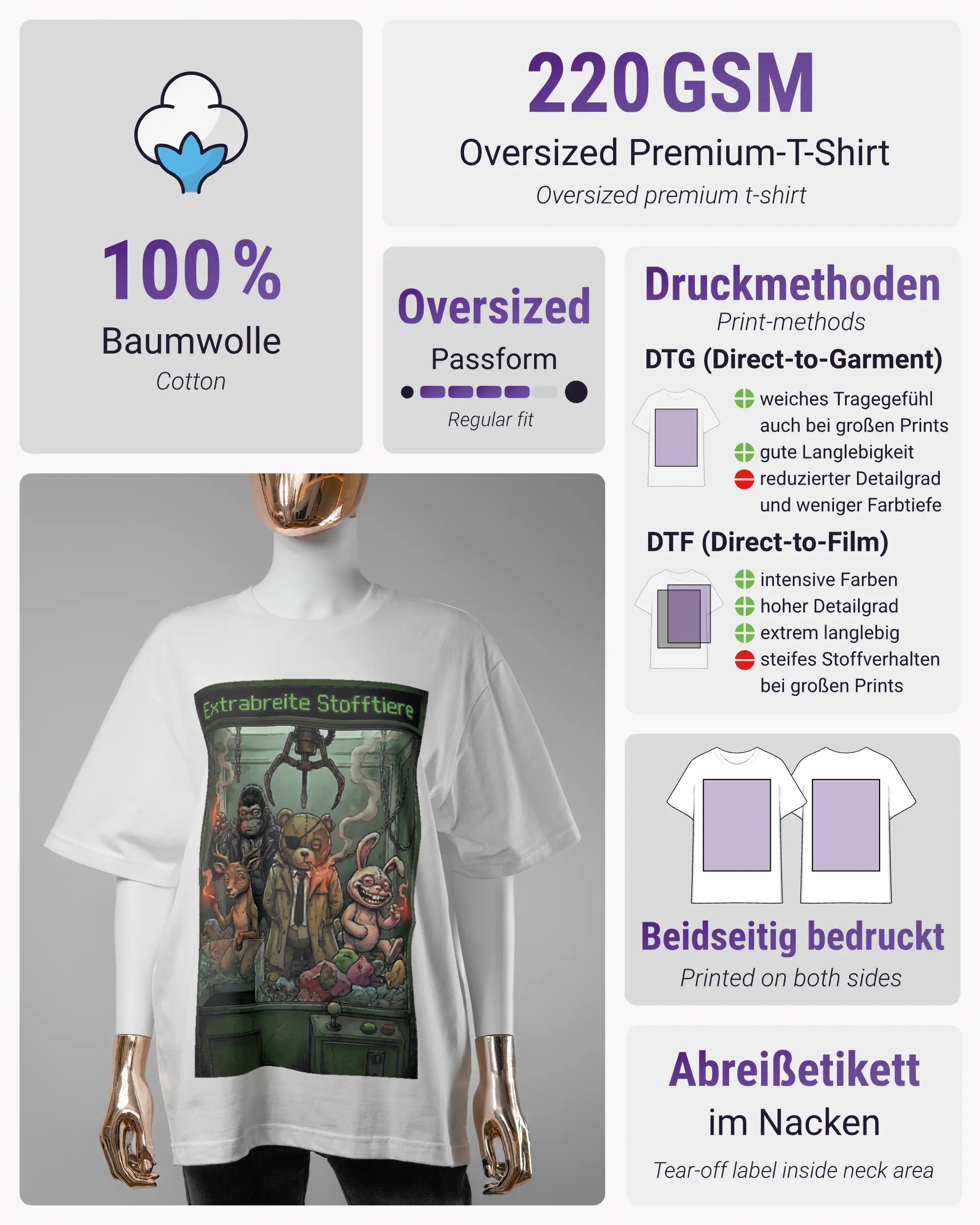 Produktinformationsblatt des Basic Unisex T-Shirt Oversized von Maondo mit dem Design Extrabreit vorne in der Farbe White und in der Größe S