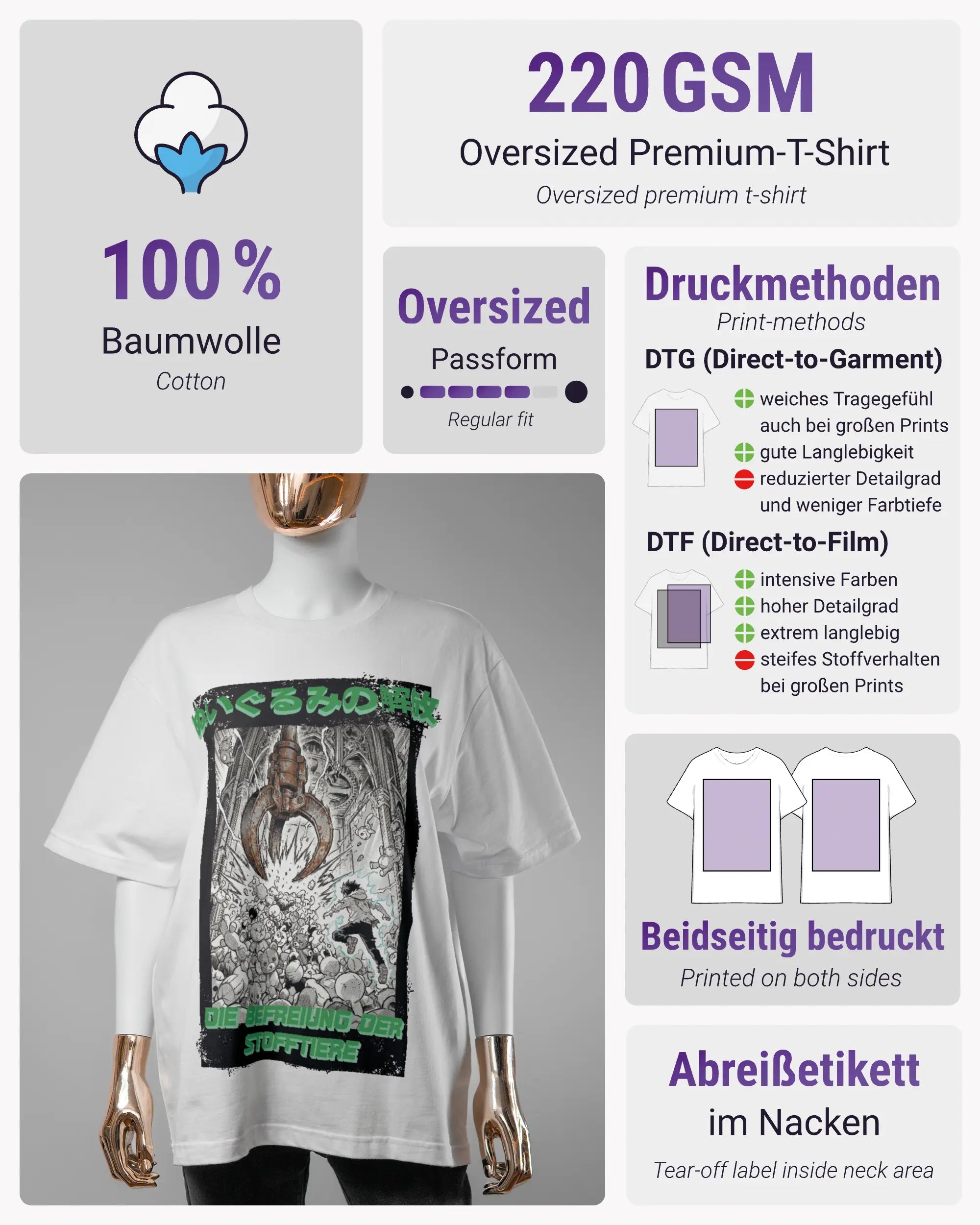 Produktinformationsblatt des Basic Unisex T-Shirt Oversized von Maondo mit dem Design Save 1 Stofftier vorne in der Farbe White und in der Größe S