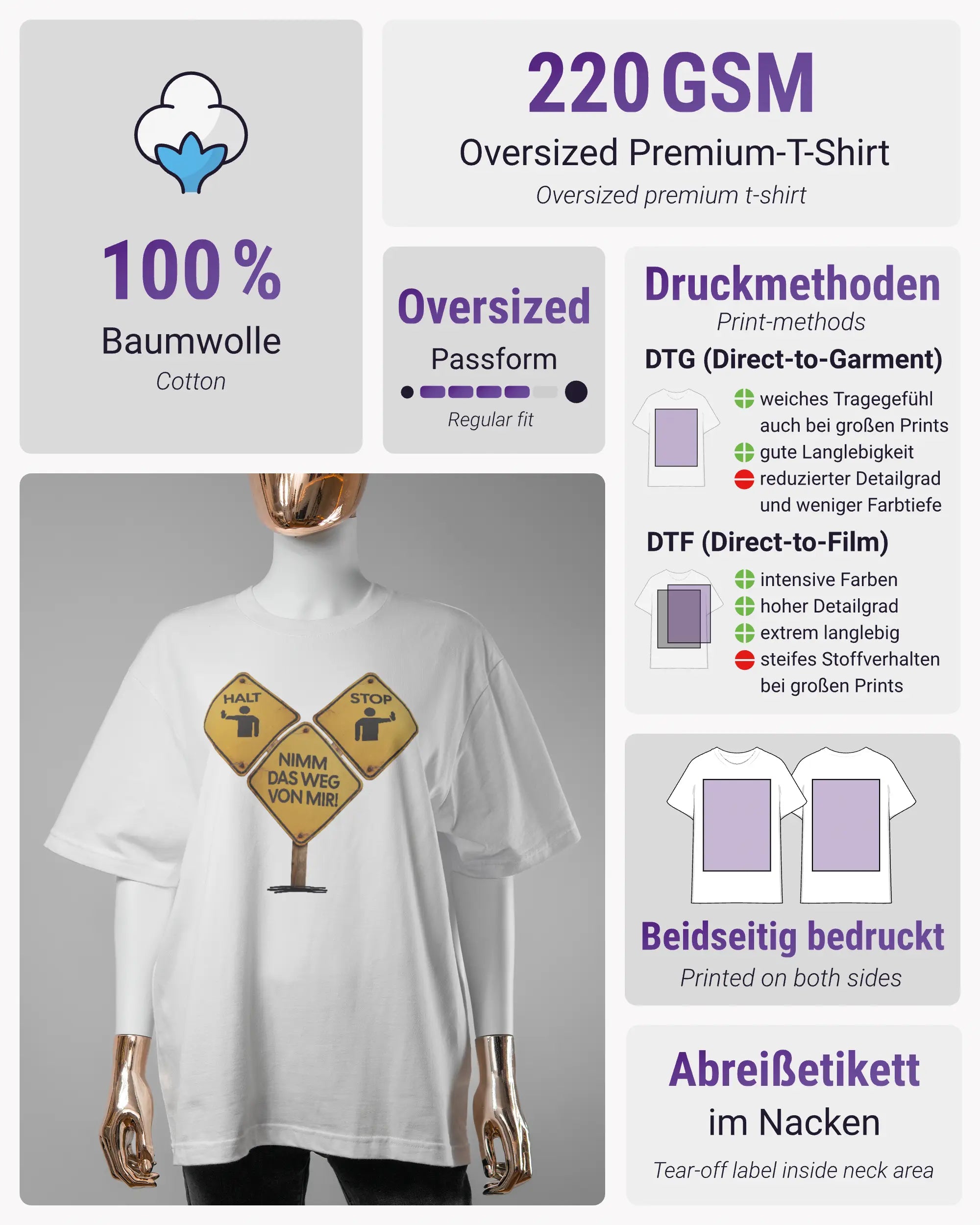 Produktinformationsblatt des Basic Unisex T-Shirt Oversized von Maondo mit dem Design Schutzschild vorne in der Farbe White und in der Größe S