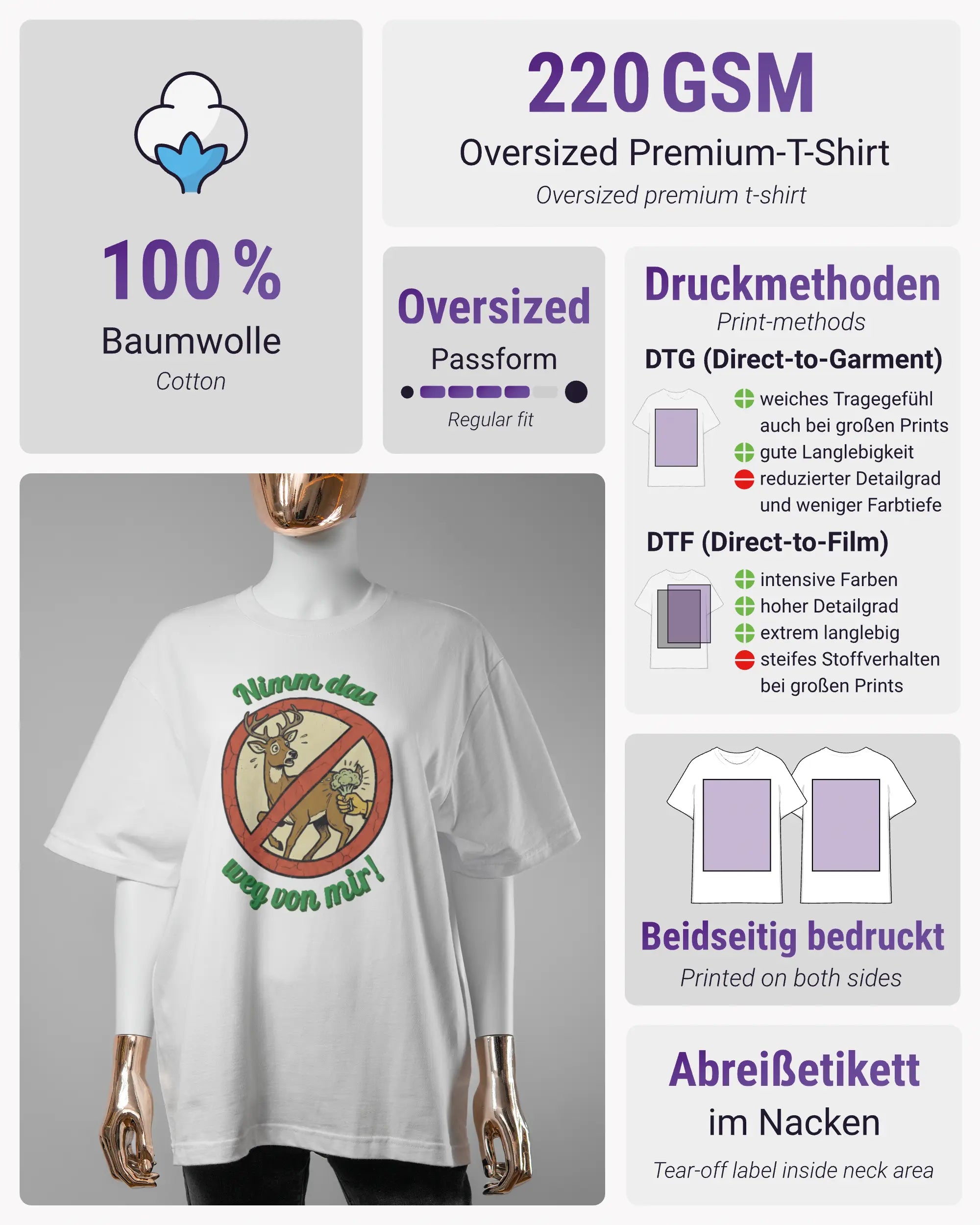 Produktinformationsblatt des Basic Unisex T-Shirt Oversized von Maondo mit dem Design Reh weg vorne in der Farbe White und in der Größe S