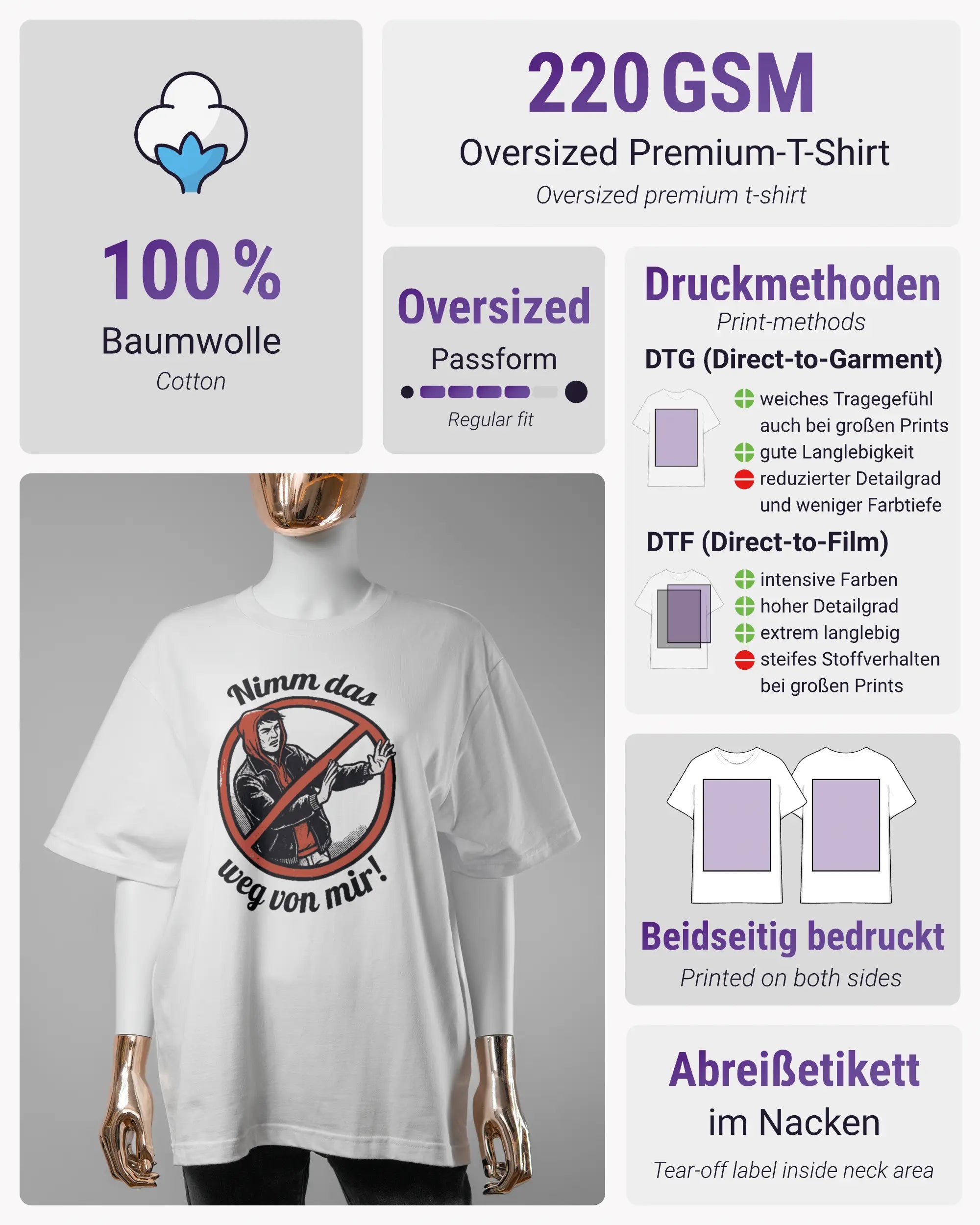 Produktinformationsblatt des Basic Unisex T-Shirt Oversized von Maondo mit dem Design Nimm das weg vorne in der Farbe White und in der Größe S