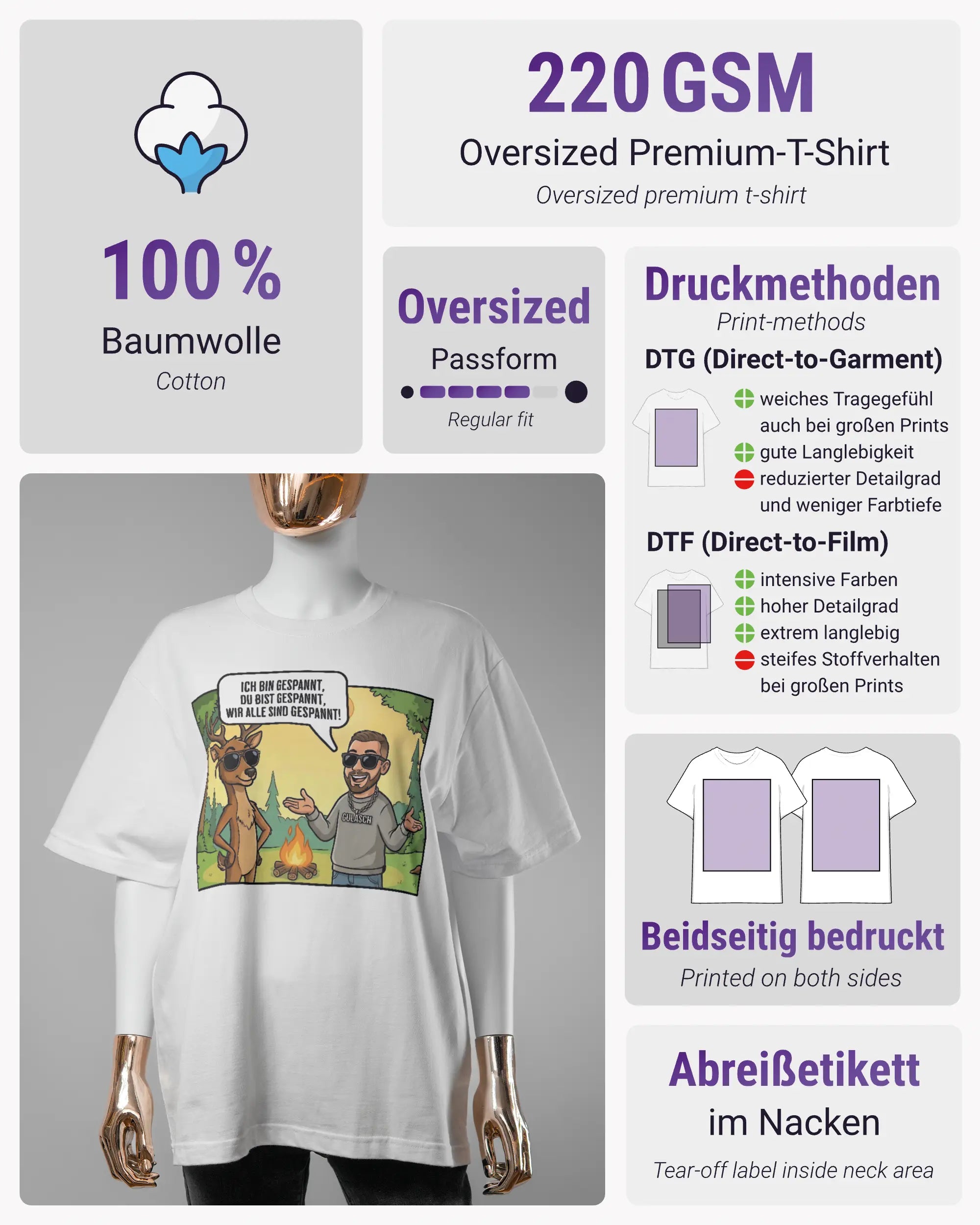 Produktinformationsblatt des Basic Unisex T-Shirt Oversized von Maondo mit dem Design Vollspannung vorne in der Farbe White und in der Größe S
