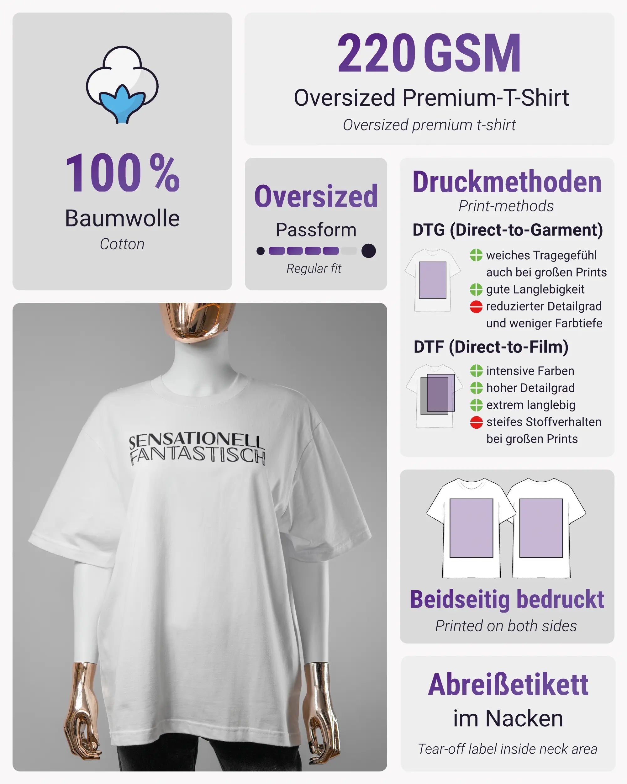 Produktinformationsblatt des Basic Unisex T-Shirt Oversized von Maondo mit dem Design Sensationell vorne in der Farbe White und in der Größe S