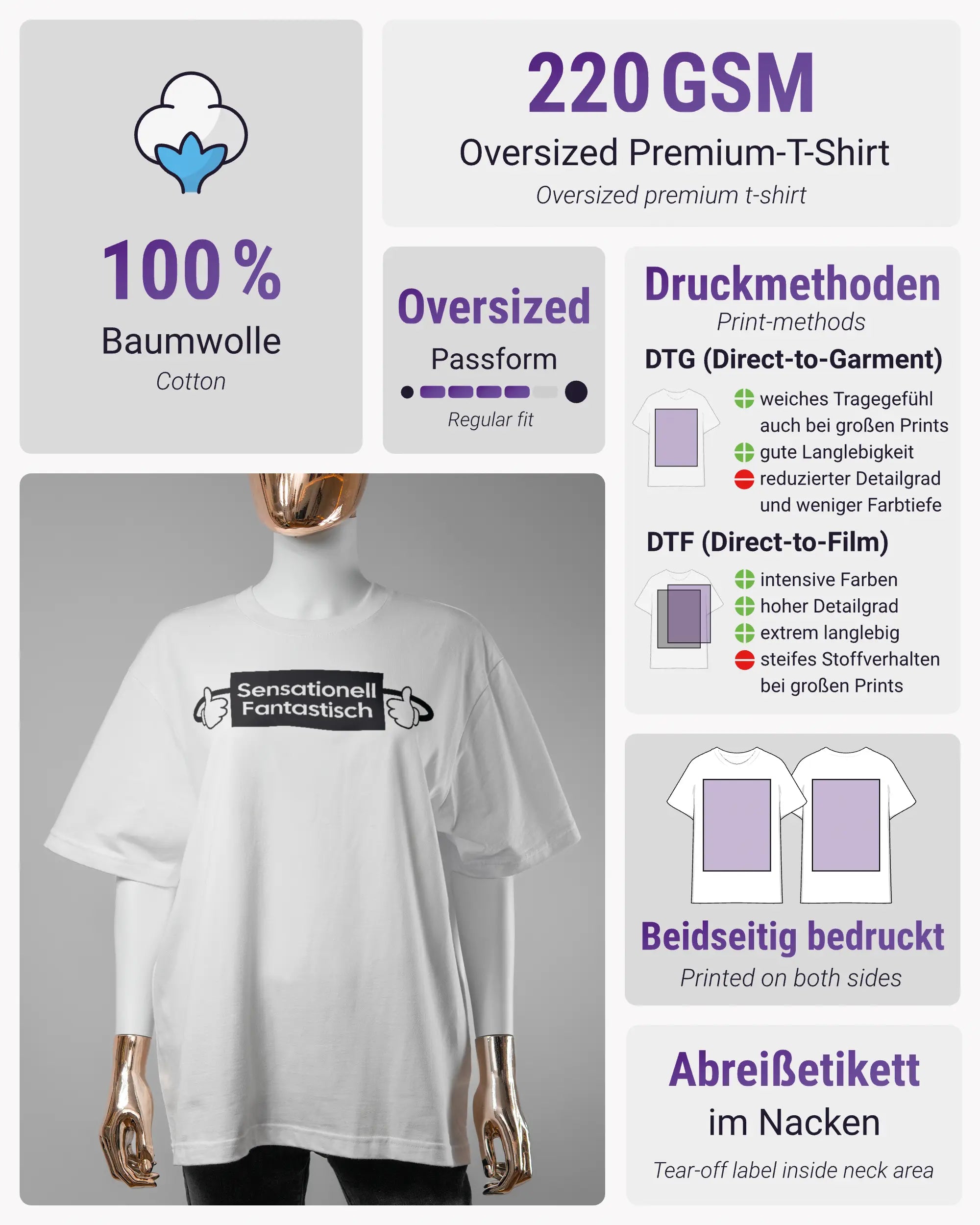 Produktinformationsblatt des Basic Unisex T-Shirt Oversized von Maondo mit dem Design Fantastisch vorne in der Farbe White und in der Größe S