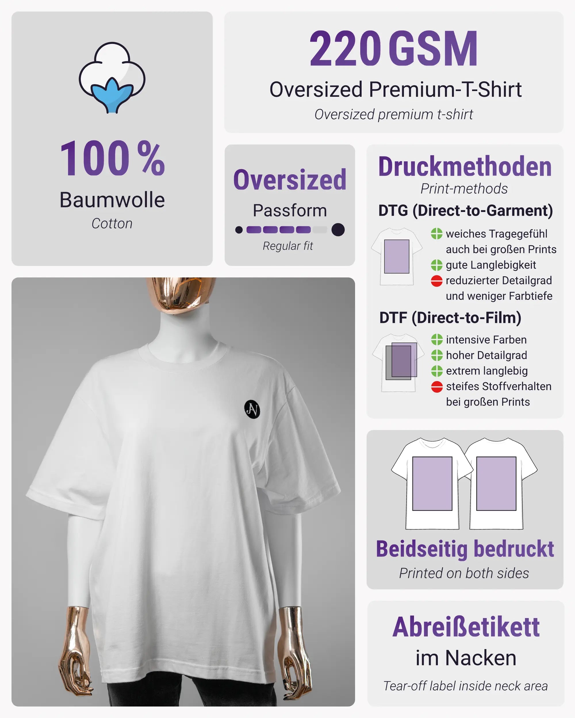 Produktinformationsblatt des Basic Unisex T-Shirt Oversized von Maondo mit dem Design JB1 vorne in der Farbe White und in der Größe S