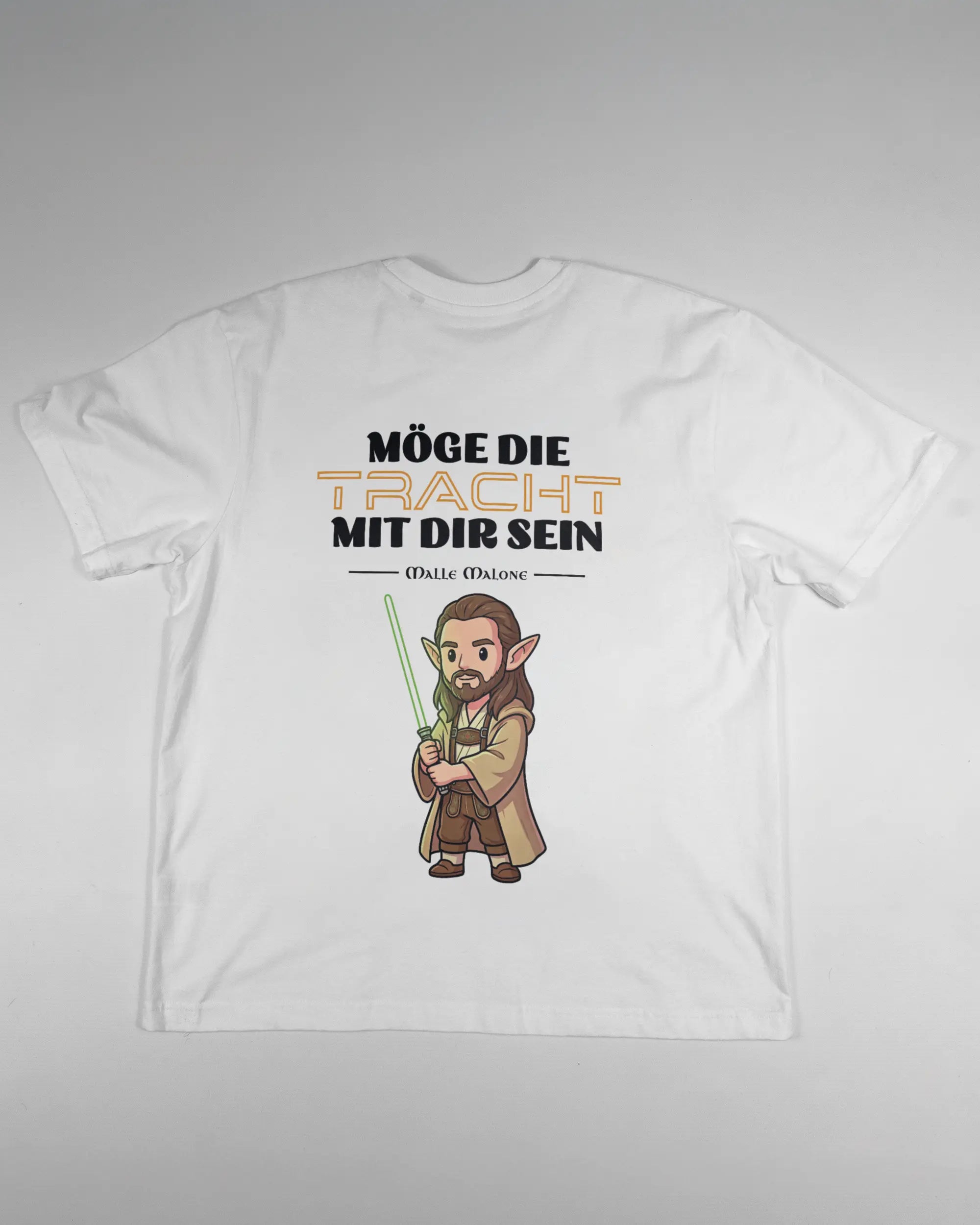 Rückseite des Basic Unisex T-Shirt Oversized von Maondo mit dem Design Tracht mit dir in der Farbe White und in der Größe S flach auf den Boden gelegt