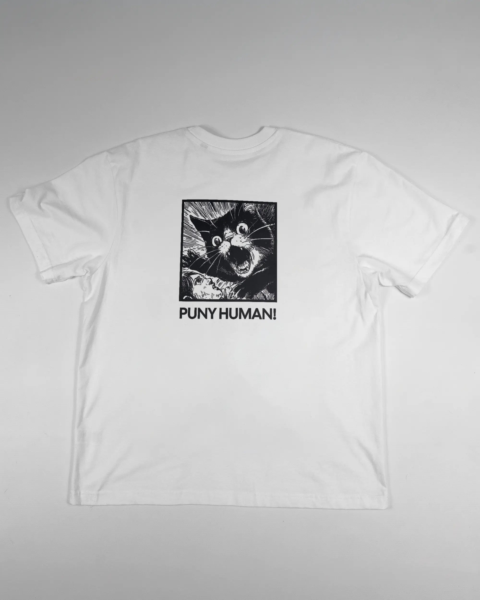 Rückseite des Basic Unisex T-Shirt Oversized von Maondo mit dem Design Puny Human in der Farbe White und in der Größe S flach auf den Boden gelegt