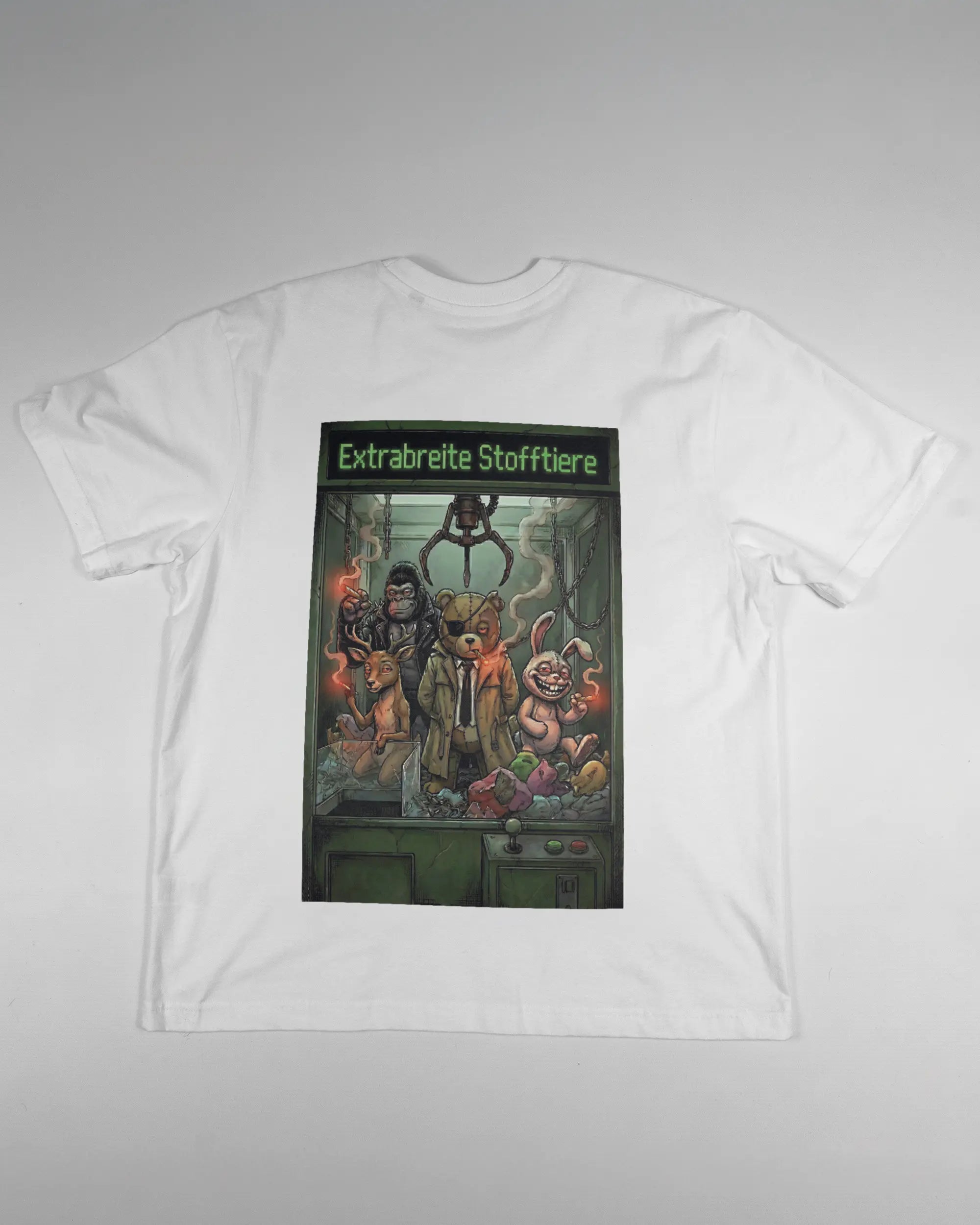 Rückseite des Basic Unisex T-Shirt Oversized von Maondo mit dem Design Extrabreit in der Farbe White und in der Größe S flach auf den Boden gelegt