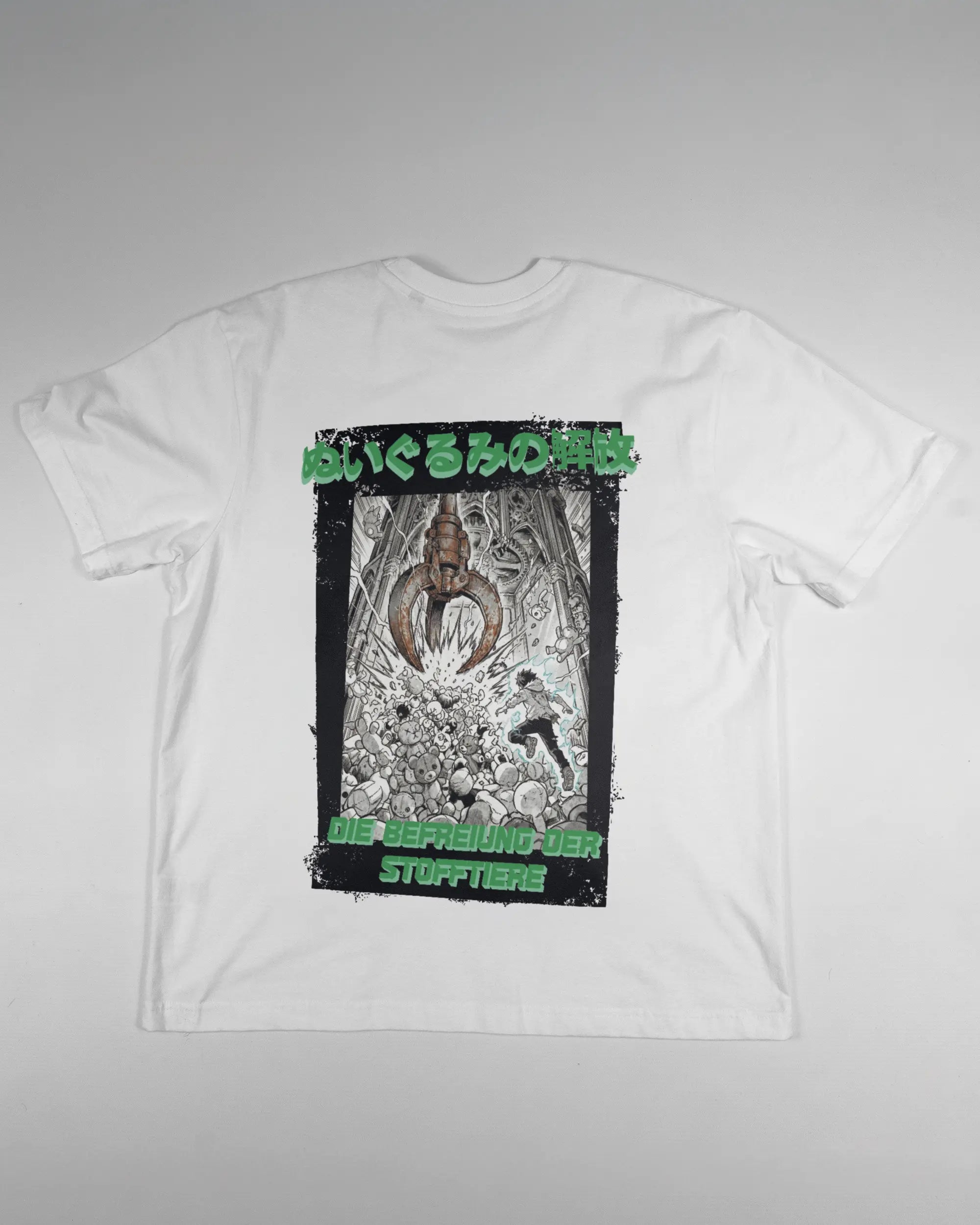 Rückseite des Basic Unisex T-Shirt Oversized von Maondo mit dem Design Save 1 Stofftier in der Farbe White und in der Größe S flach auf den Boden gelegt