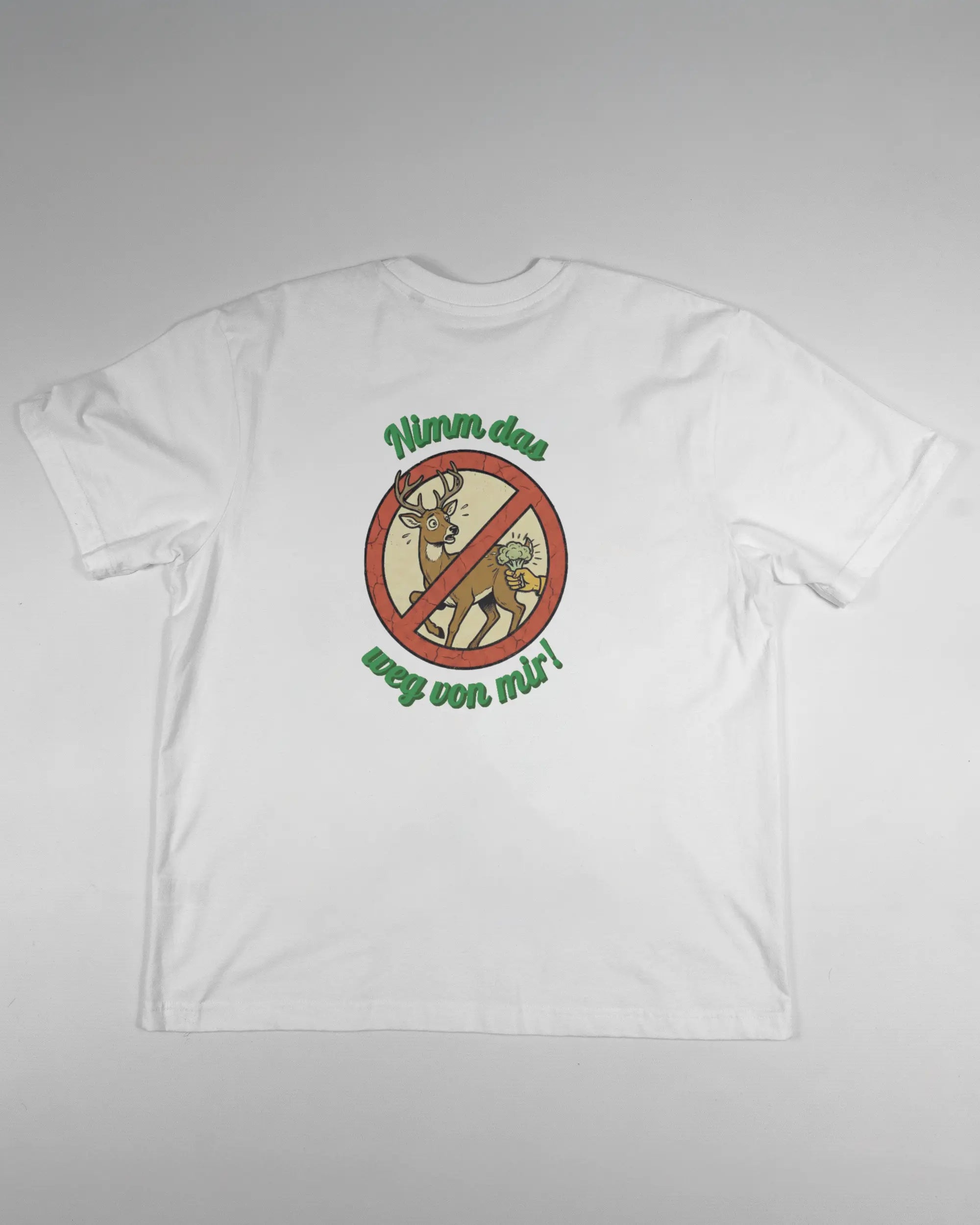 Rückseite des Basic Unisex T-Shirt Oversized von Maondo mit dem Design Reh weg in der Farbe White und in der Größe S flach auf den Boden gelegt