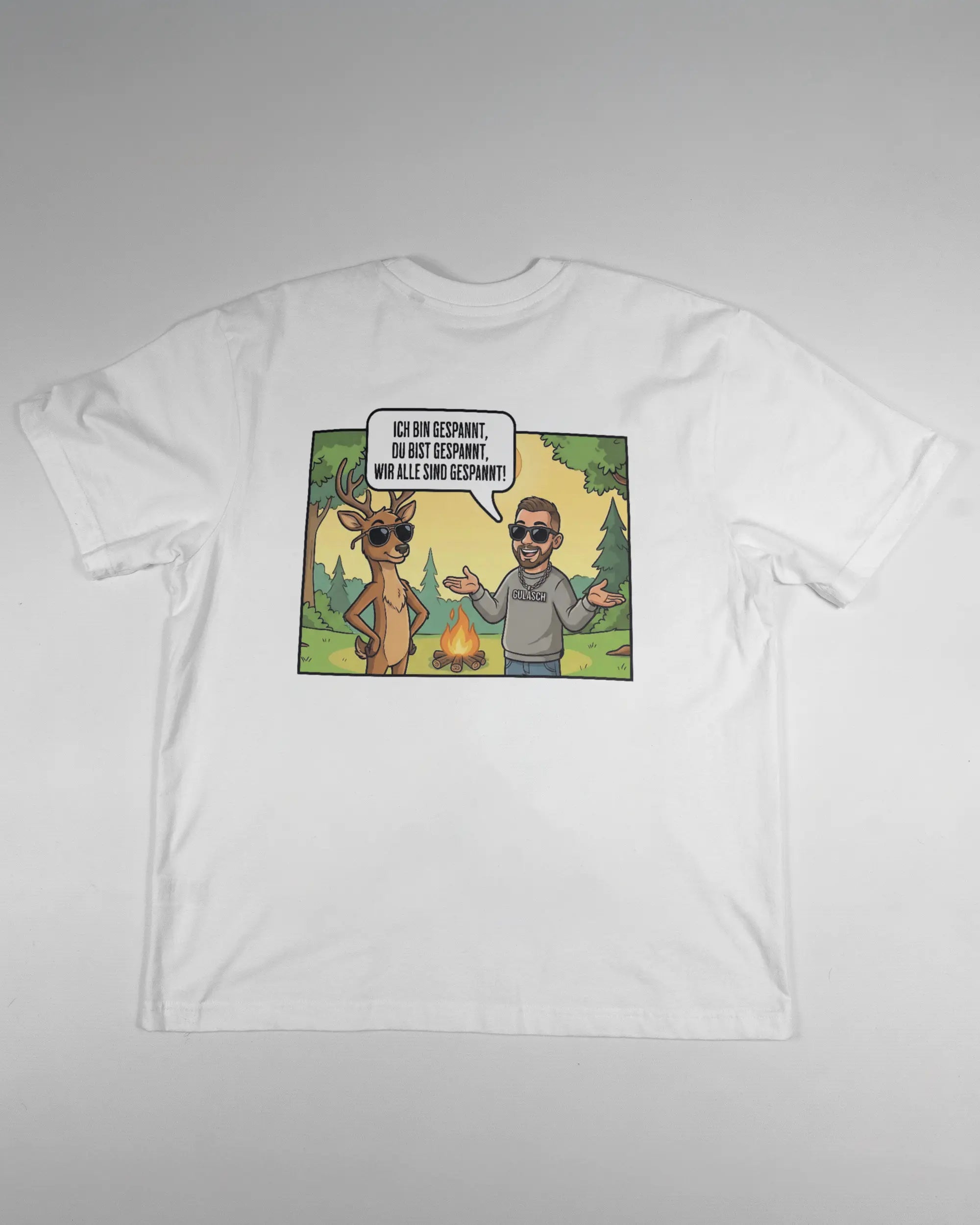 Rückseite des Basic Unisex T-Shirt Oversized von Maondo mit dem Design Vollspannung in der Farbe White und in der Größe S flach auf den Boden gelegt