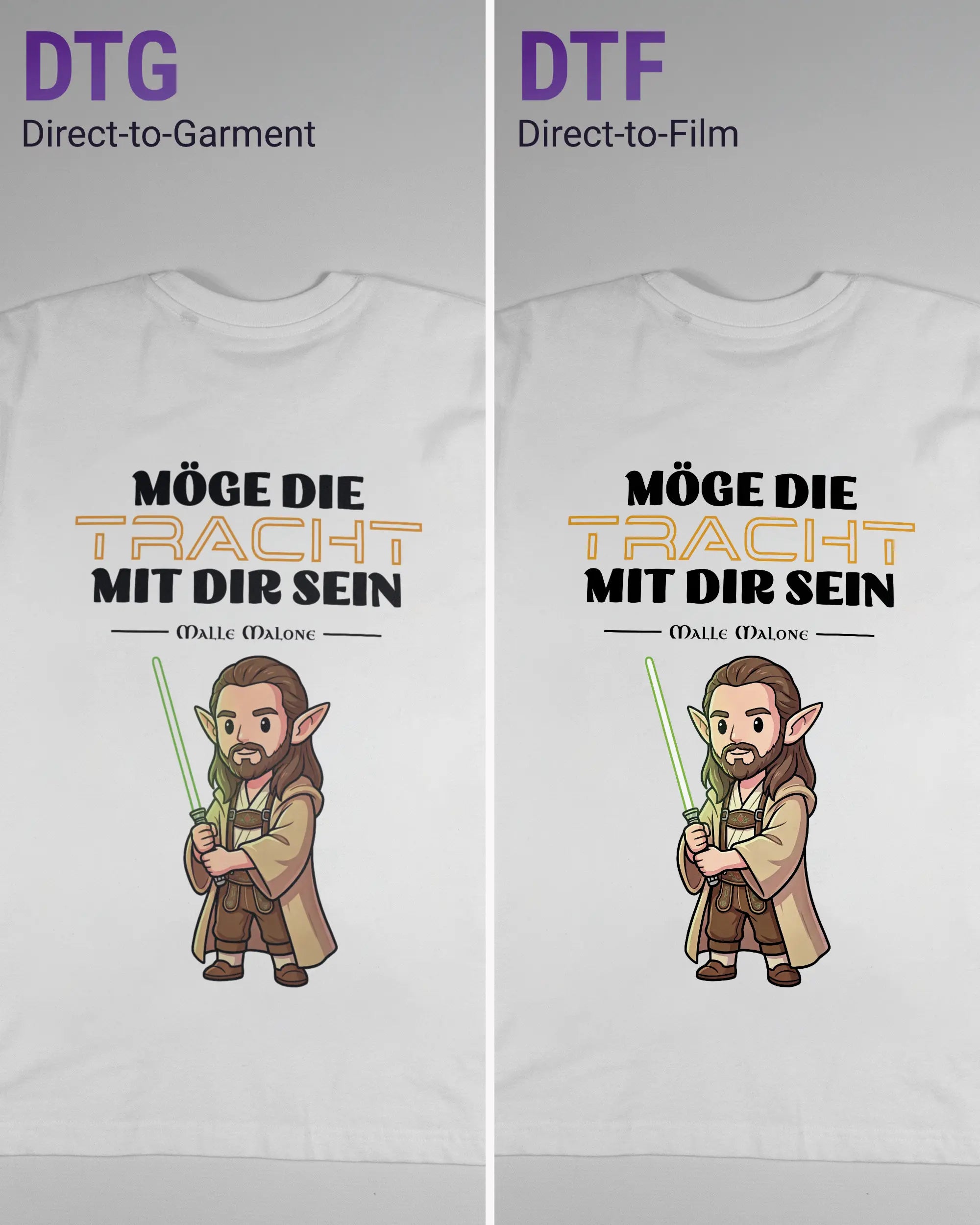 Vergleich der Rückseiten des Basic Unisex T-Shirt Oversized von Maondo mit dem Design Tracht mit dir in der Farbe White und in der Größe S links mit dem Direct-to-Garment und rechts mit dem Direct-to-Film Verfahren