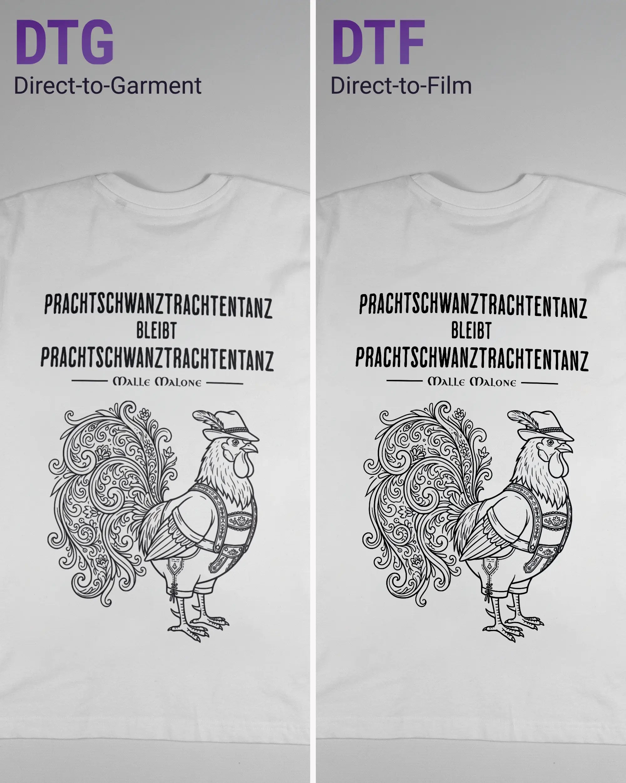 Vergleich der Rückseiten des Basic Unisex T-Shirt Oversized von Maondo mit dem Design Trachtentanz in der Farbe White und in der Größe S links mit dem Direct-to-Garment und rechts mit dem Direct-to-Film Verfahren