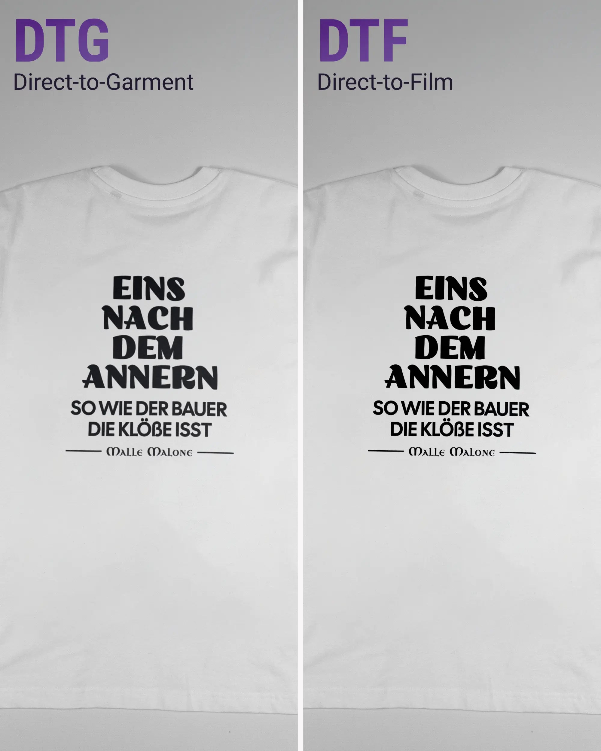 Vergleich der Rückseiten des Basic Unisex T-Shirt Oversized von Maondo mit dem Design Eins nach dem Annern in der Farbe White und in der Größe S links mit dem Direct-to-Garment und rechts mit dem Direct-to-Film Verfahren