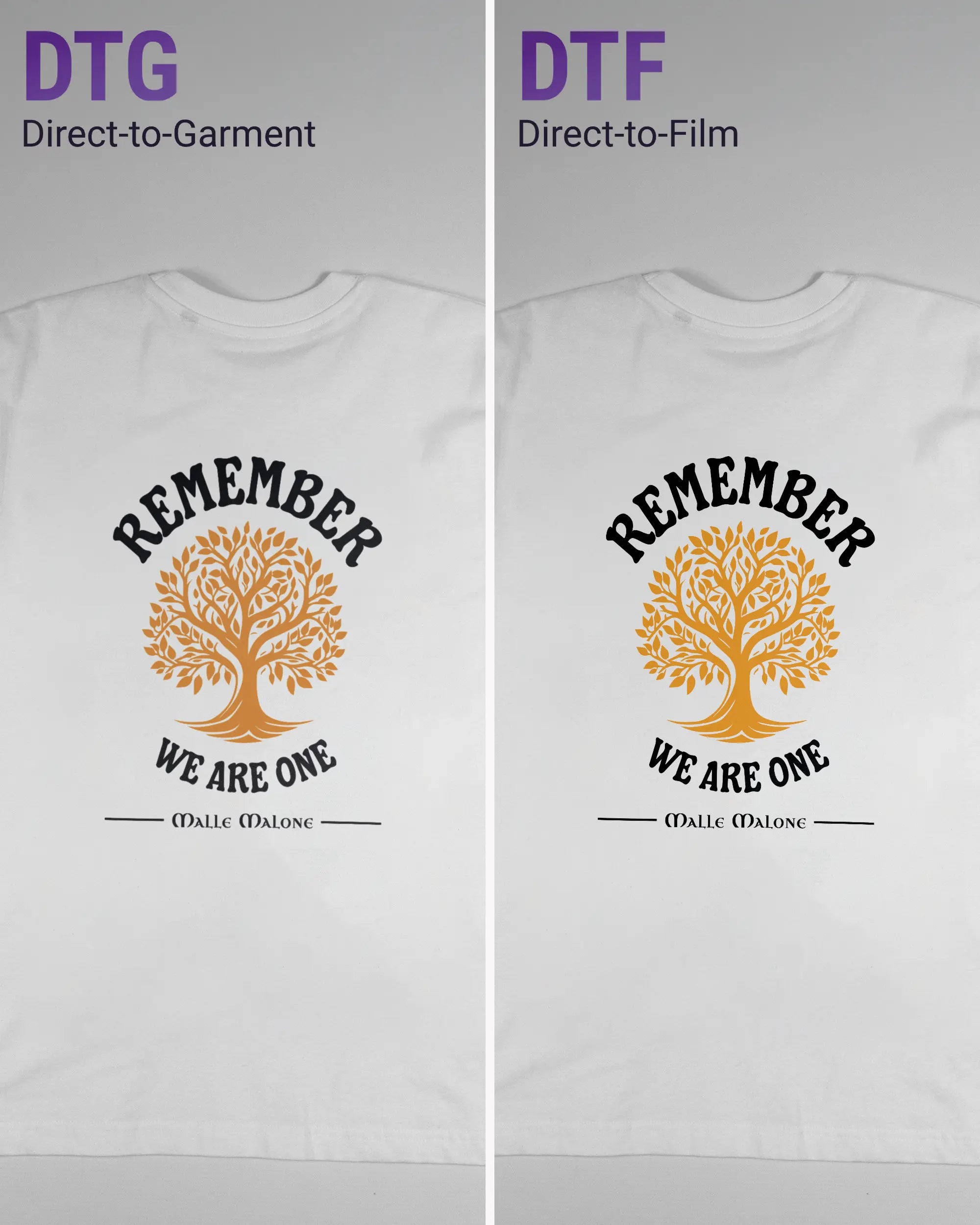 Vergleich der Rückseiten des Basic Unisex T-Shirt Oversized von Maondo mit dem Design We are one in der Farbe White und in der Größe S links mit dem Direct-to-Garment und rechts mit dem Direct-to-Film Verfahren