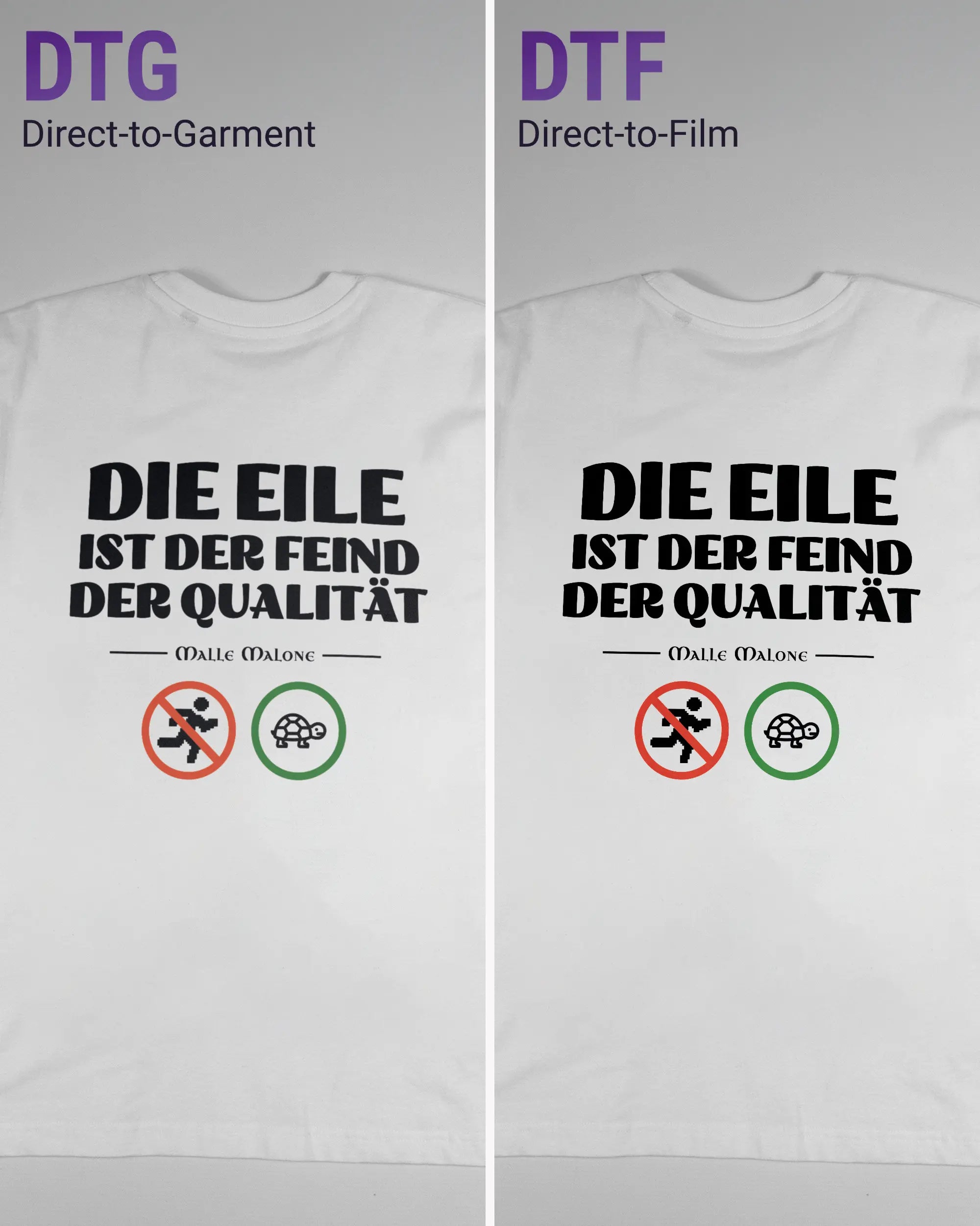 Vergleich der Rückseiten des Basic Unisex T-Shirt Oversized von Maondo mit dem Design Keine Eile in der Farbe White und in der Größe S links mit dem Direct-to-Garment und rechts mit dem Direct-to-Film Verfahren