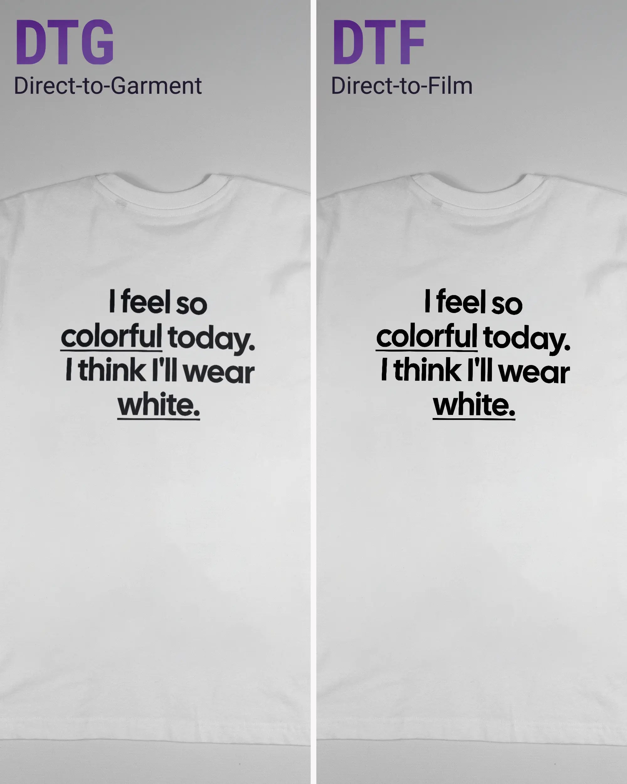 Vergleich der Rückseiten des Basic Unisex T-Shirt Oversized von Maondo mit dem Design Colorful Day in der Farbe White und in der Größe S links mit dem Direct-to-Garment und rechts mit dem Direct-to-Film Verfahren