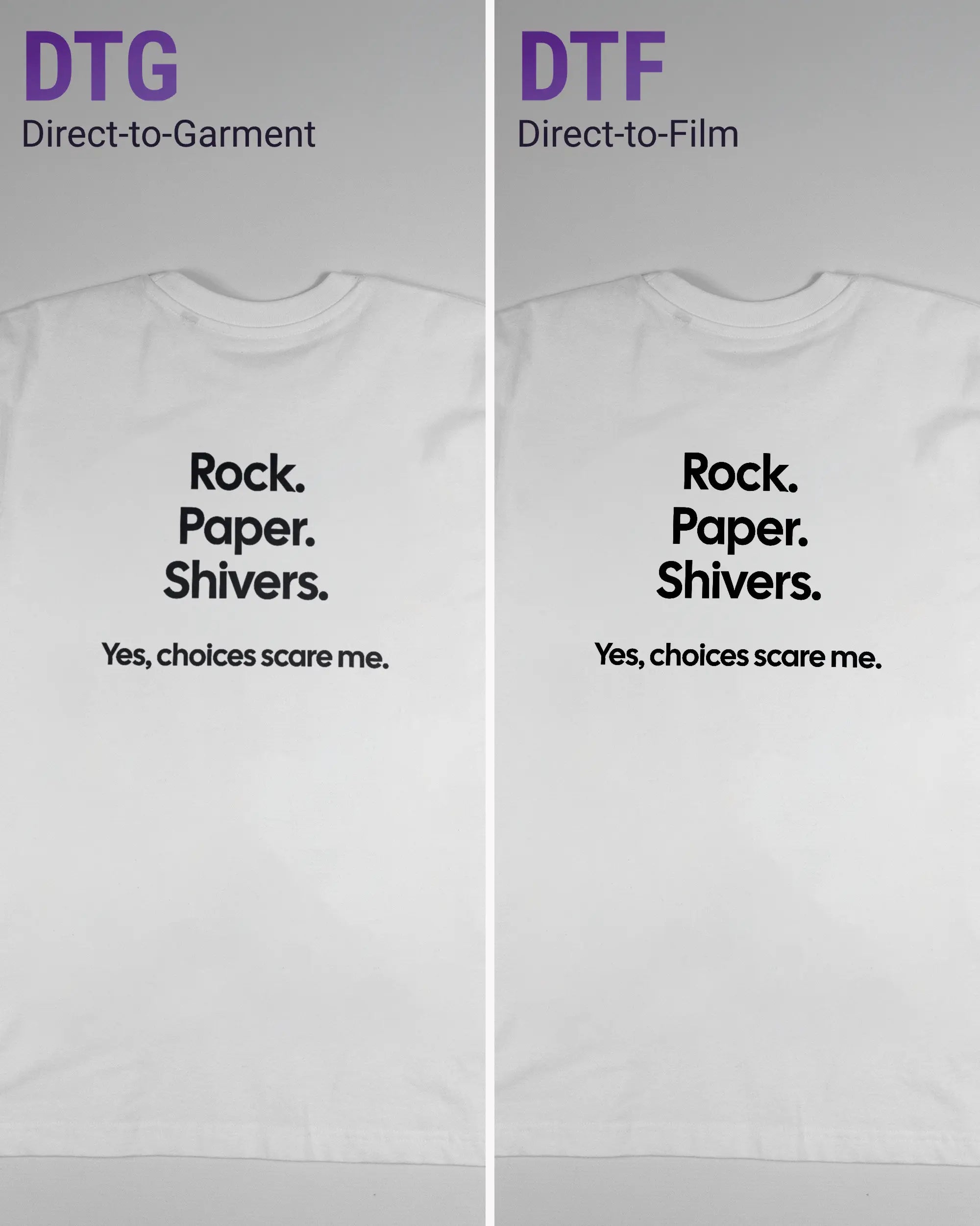 Vergleich der Rückseiten des Basic Unisex T-Shirt Oversized von Maondo mit dem Design Rock Paper Shivers in der Farbe White und in der Größe S links mit dem Direct-to-Garment und rechts mit dem Direct-to-Film Verfahren