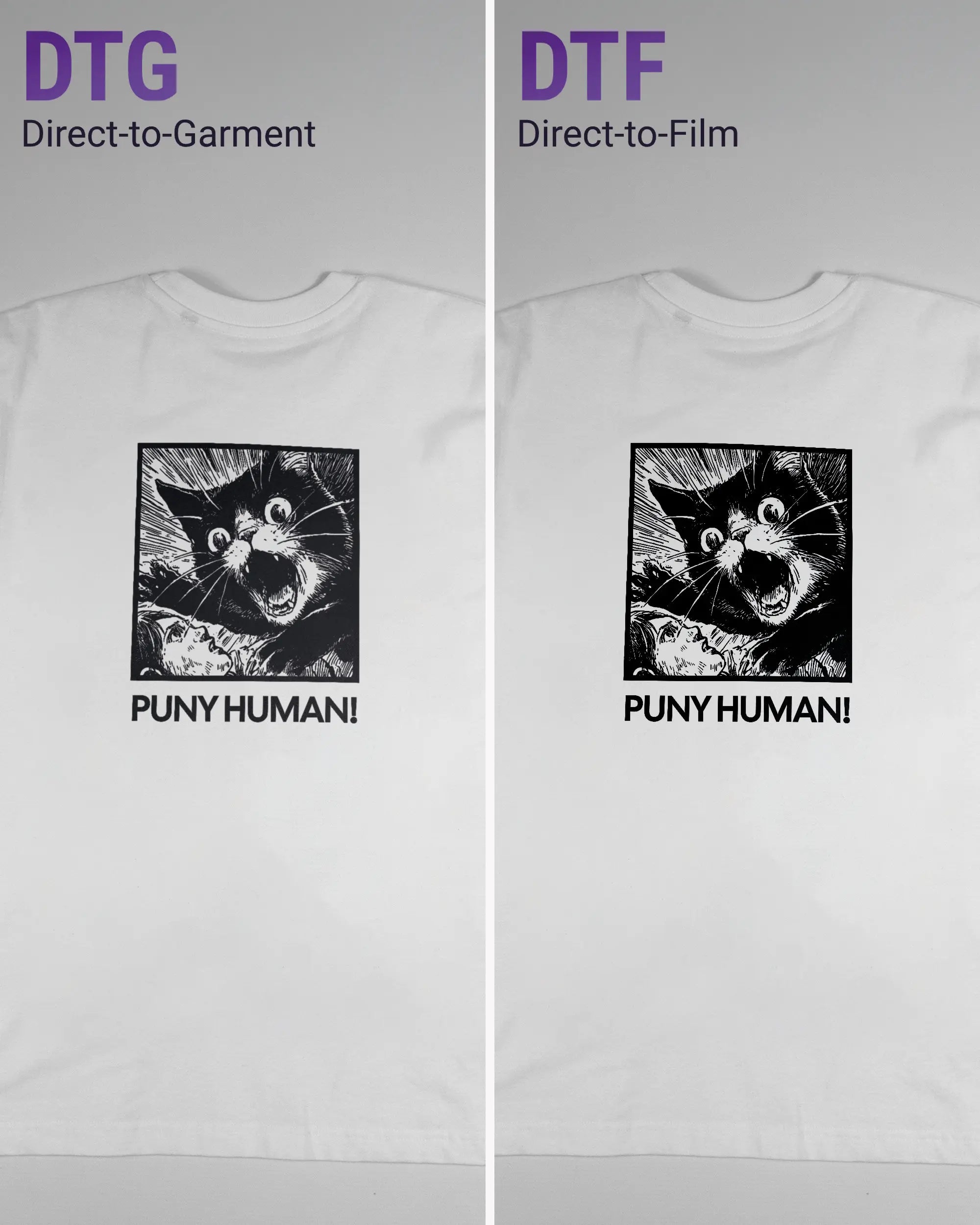 Vergleich der Rückseiten des Basic Unisex T-Shirt Oversized von Maondo mit dem Design Puny Human in der Farbe White und in der Größe S links mit dem Direct-to-Garment und rechts mit dem Direct-to-Film Verfahren