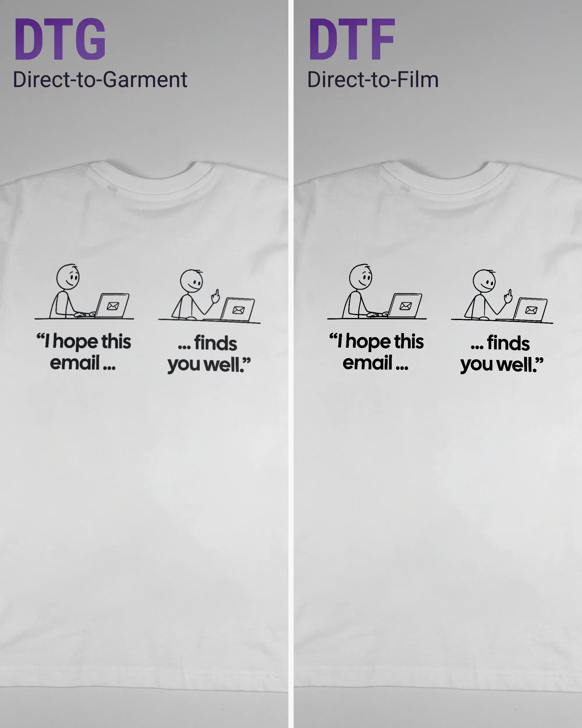 Vergleich der Rückseiten des Basic Unisex T-Shirt Oversized von Maondo mit dem Design Found me not well in der Farbe White und in der Größe S links mit dem Direct-to-Garment und rechts mit dem Direct-to-Film Verfahren