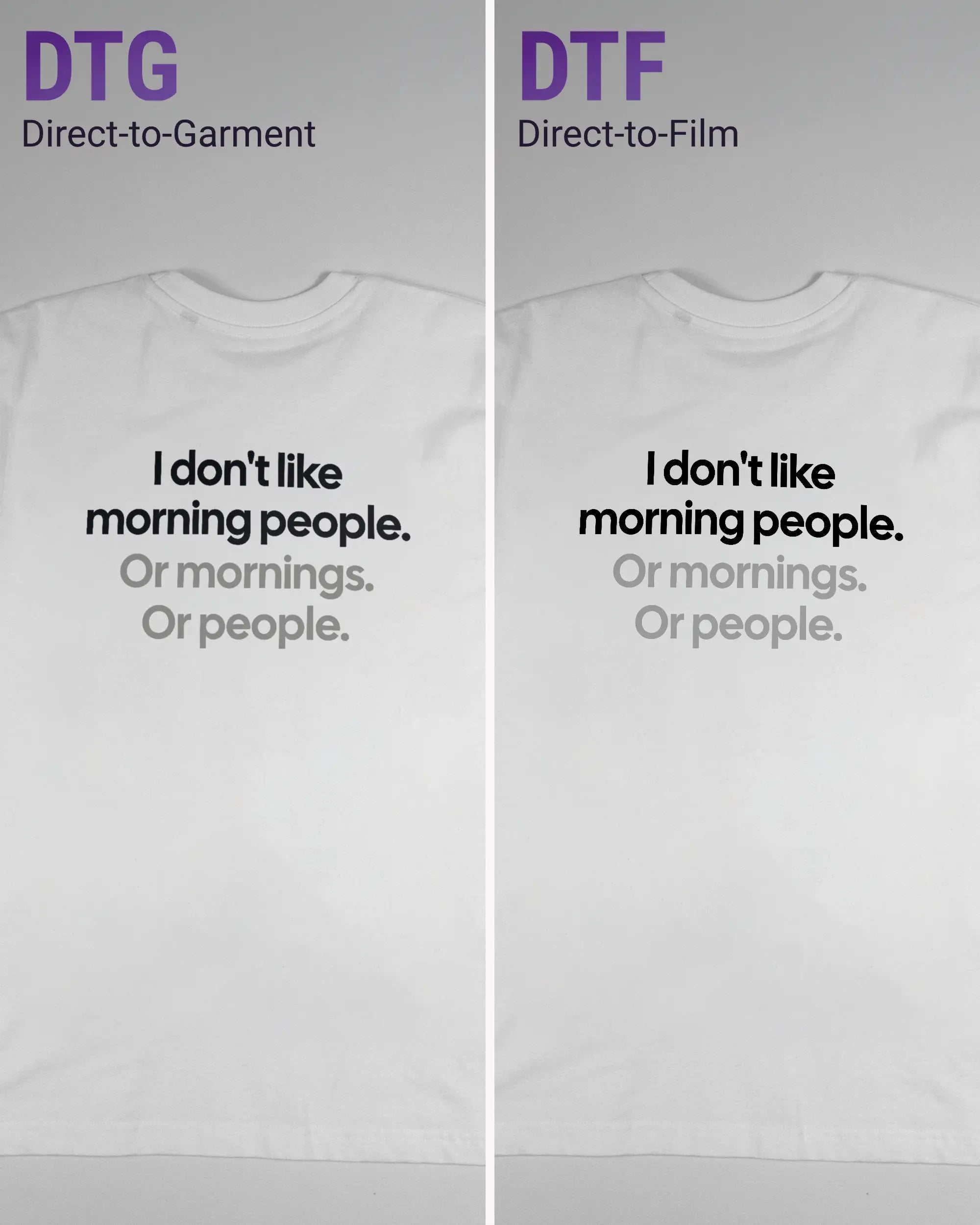 Vergleich der Rückseiten des Basic Unisex T-Shirt Oversized von Maondo mit dem Design Morning Person in der Farbe White und in der Größe S links mit dem Direct-to-Garment und rechts mit dem Direct-to-Film Verfahren