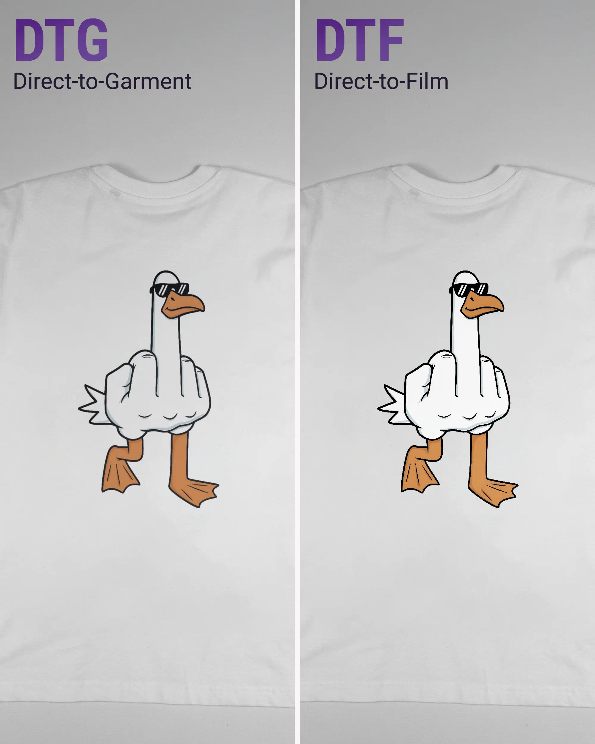 Vergleich der Rückseiten des Basic Unisex T-Shirt Oversized von Maondo mit dem Design I give a duck in der Farbe White und in der Größe S links mit dem Direct-to-Garment und rechts mit dem Direct-to-Film Verfahren