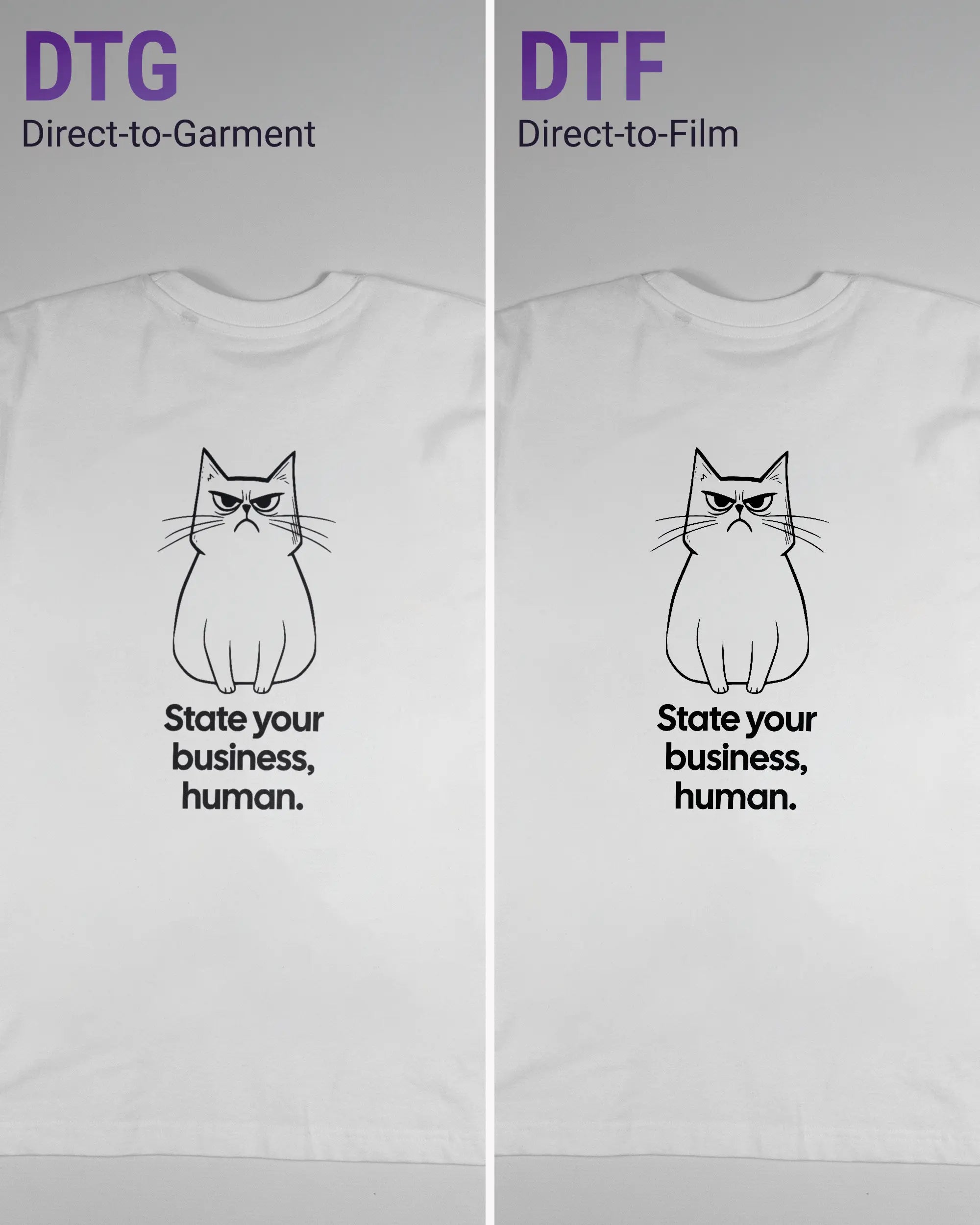 Vergleich der Rückseiten des Basic Unisex T-Shirt Oversized von Maondo mit dem Design Grumpy Purr in der Farbe White und in der Größe S links mit dem Direct-to-Garment und rechts mit dem Direct-to-Film Verfahren