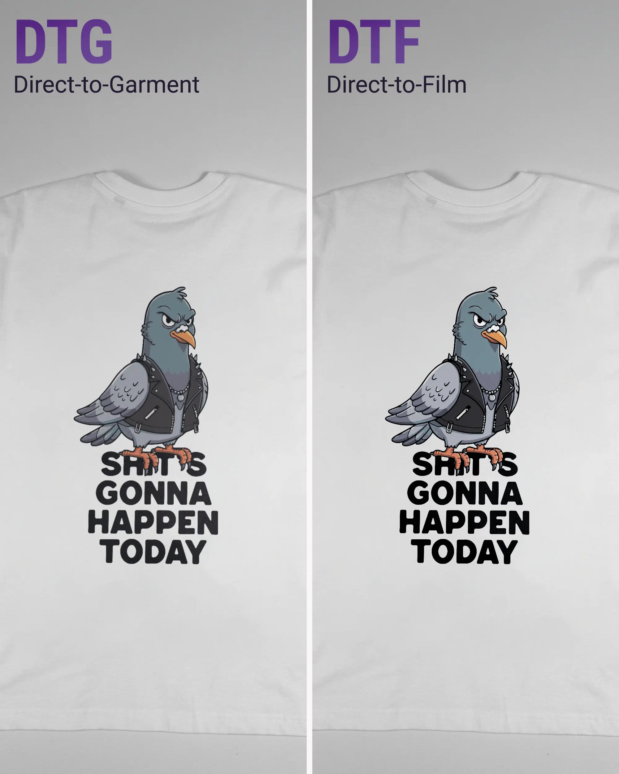Vergleich der Rückseiten des Basic Unisex T-Shirt Oversized von Maondo mit dem Design Pigeon Pun in der Farbe White und in der Größe S links mit dem Direct-to-Garment und rechts mit dem Direct-to-Film Verfahren
