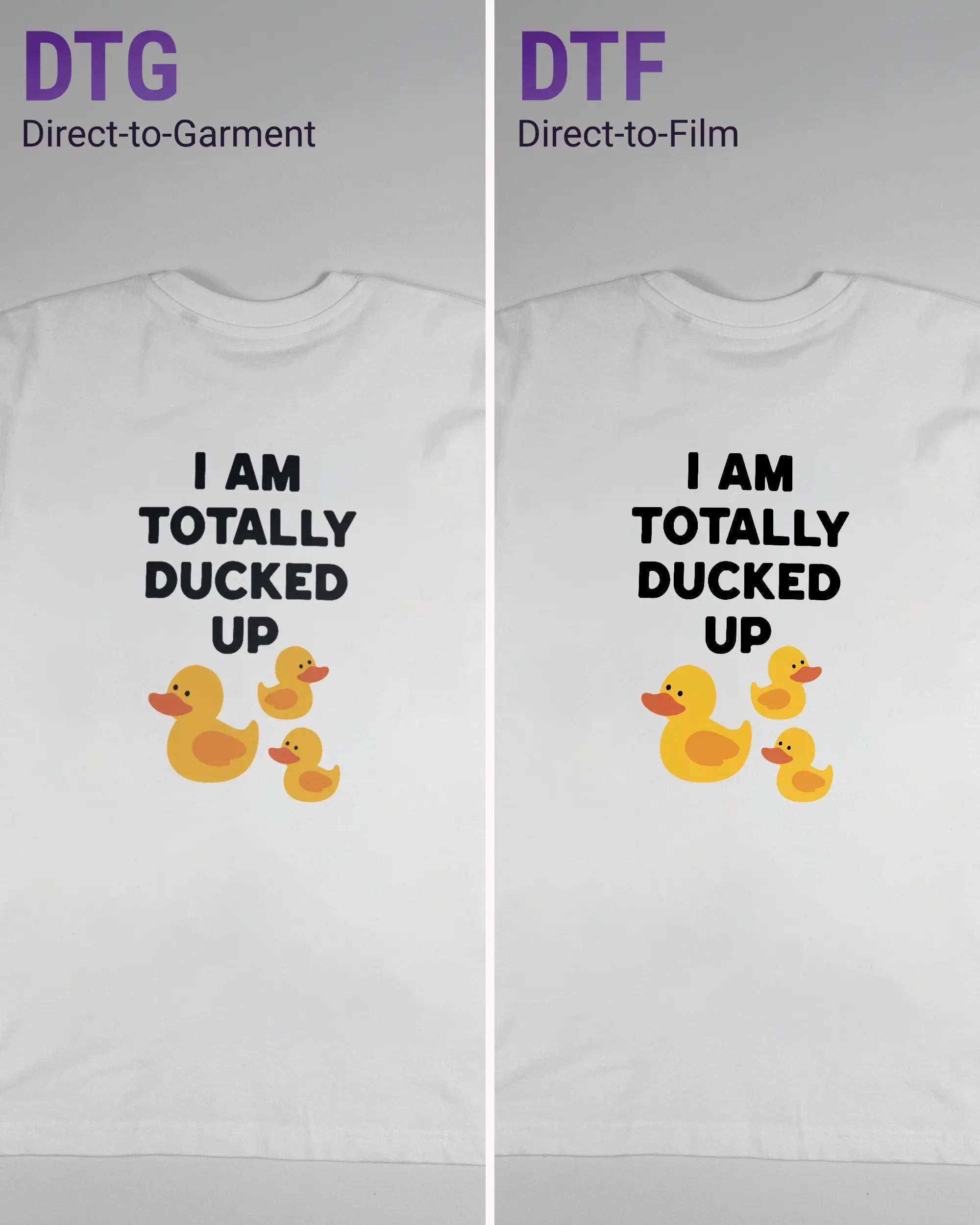 Vergleich der Rückseiten des Basic Unisex T-Shirt Oversized von Maondo mit dem Design Ducked Up in der Farbe White und in der Größe S links mit dem Direct-to-Garment und rechts mit dem Direct-to-Film Verfahren