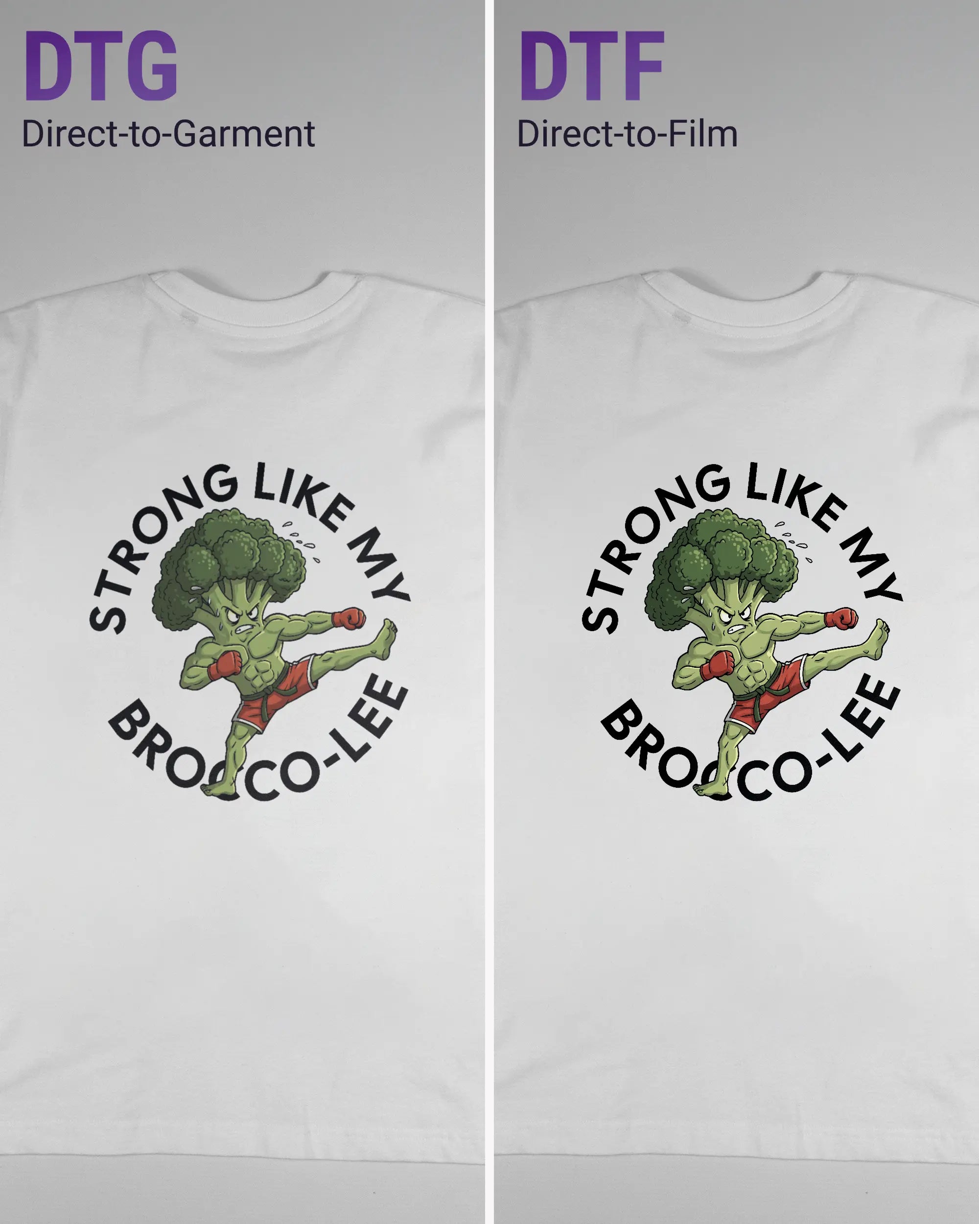 Vergleich der Rückseiten des Basic Unisex T-Shirt Oversized von Maondo mit dem Design Brocco-Lee in der Farbe White und in der Größe S links mit dem Direct-to-Garment und rechts mit dem Direct-to-Film Verfahren