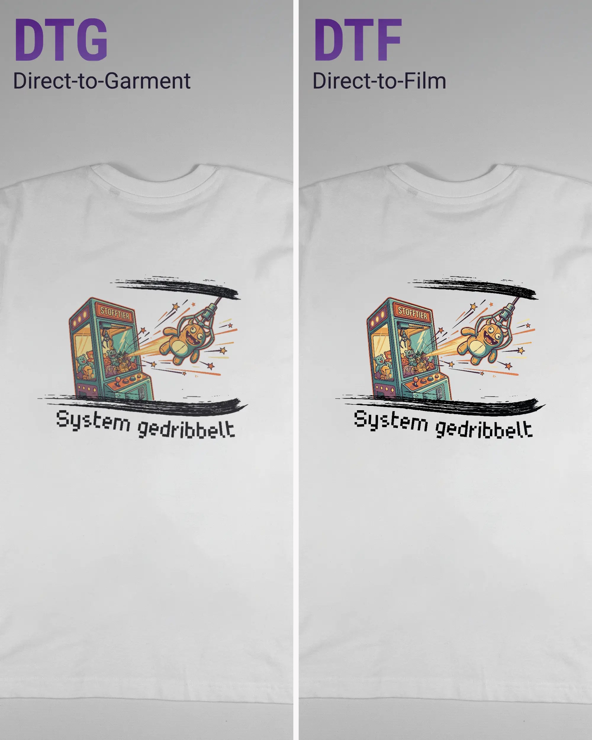 Vergleich der Rückseiten des Basic Unisex T-Shirt Oversized von Maondo mit dem Design System gedribbelt in der Farbe White und in der Größe S links mit dem Direct-to-Garment und rechts mit dem Direct-to-Film Verfahren