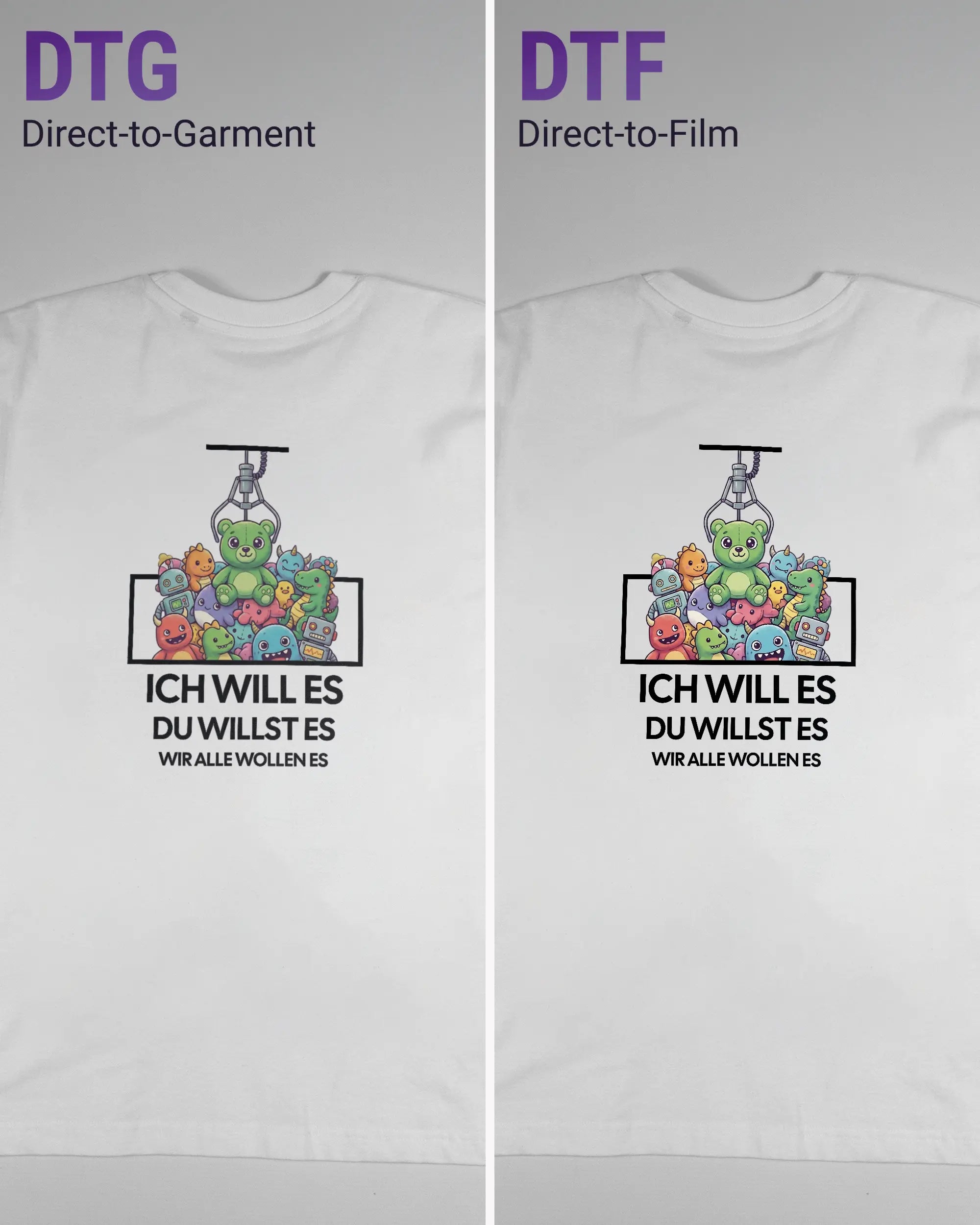 Vergleich der Rückseiten des Basic Unisex T-Shirt Oversized von Maondo mit dem Design Will Stofftier in der Farbe White und in der Größe S links mit dem Direct-to-Garment und rechts mit dem Direct-to-Film Verfahren