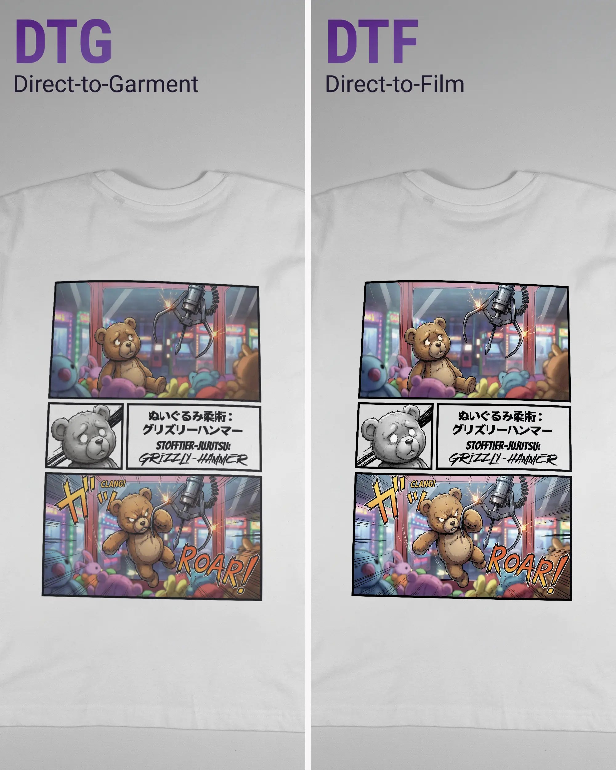 Vergleich der Rückseiten des Basic Unisex T-Shirt Oversized von Maondo mit dem Design Manga Stoff in der Farbe White und in der Größe S links mit dem Direct-to-Garment und rechts mit dem Direct-to-Film Verfahren