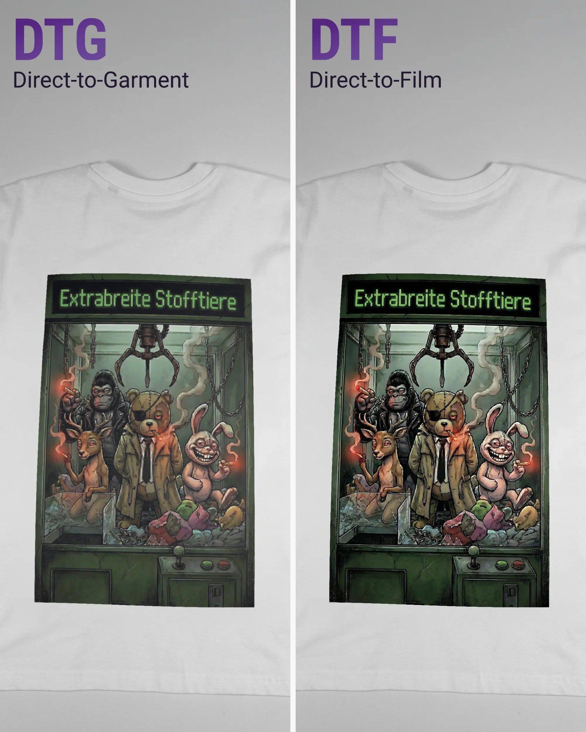 Vergleich der Rückseiten des Basic Unisex T-Shirt Oversized von Maondo mit dem Design Extrabreit in der Farbe White und in der Größe S links mit dem Direct-to-Garment und rechts mit dem Direct-to-Film Verfahren