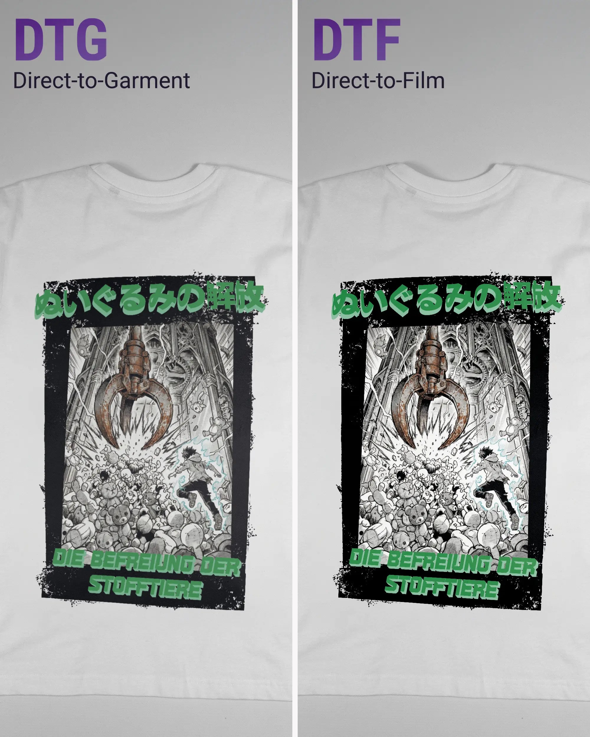 Vergleich der Rückseiten des Basic Unisex T-Shirt Oversized von Maondo mit dem Design Save 1 Stofftier in der Farbe White und in der Größe S links mit dem Direct-to-Garment und rechts mit dem Direct-to-Film Verfahren