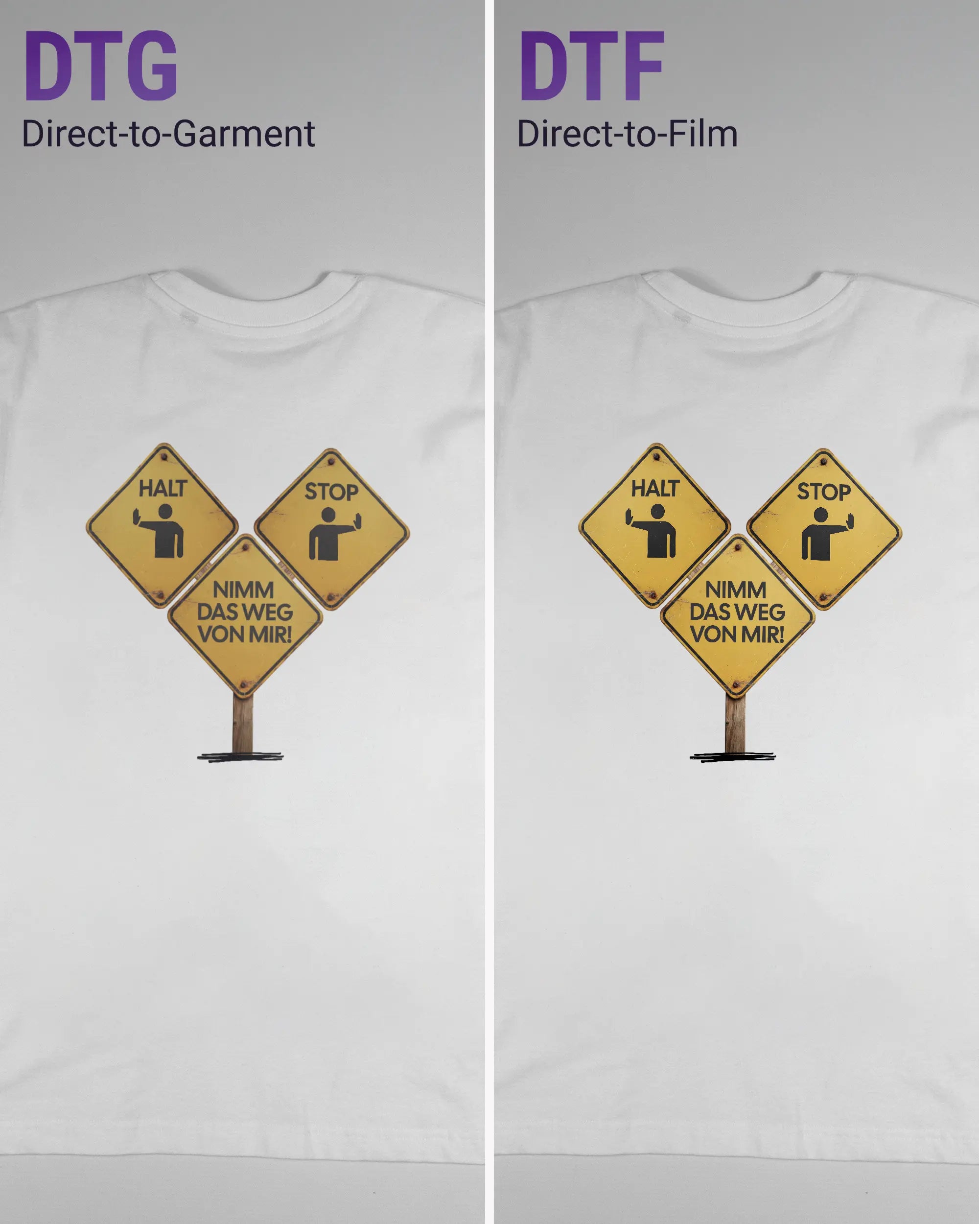 Vergleich der Rückseiten des Basic Unisex T-Shirt Oversized von Maondo mit dem Design Schutzschild in der Farbe White und in der Größe S links mit dem Direct-to-Garment und rechts mit dem Direct-to-Film Verfahren