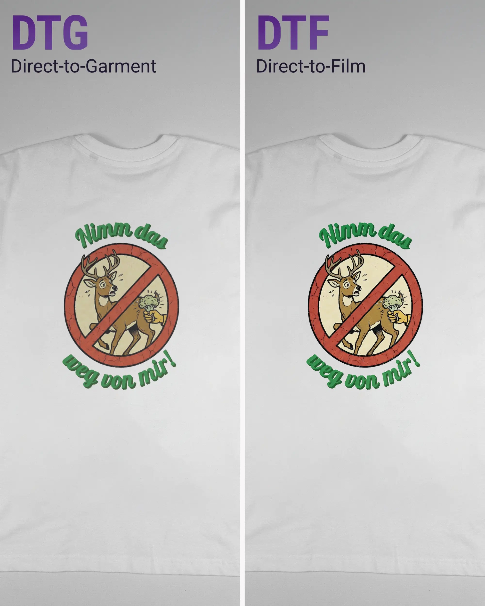 Vergleich der Rückseiten des Basic Unisex T-Shirt Oversized von Maondo mit dem Design Reh weg in der Farbe White und in der Größe S links mit dem Direct-to-Garment und rechts mit dem Direct-to-Film Verfahren