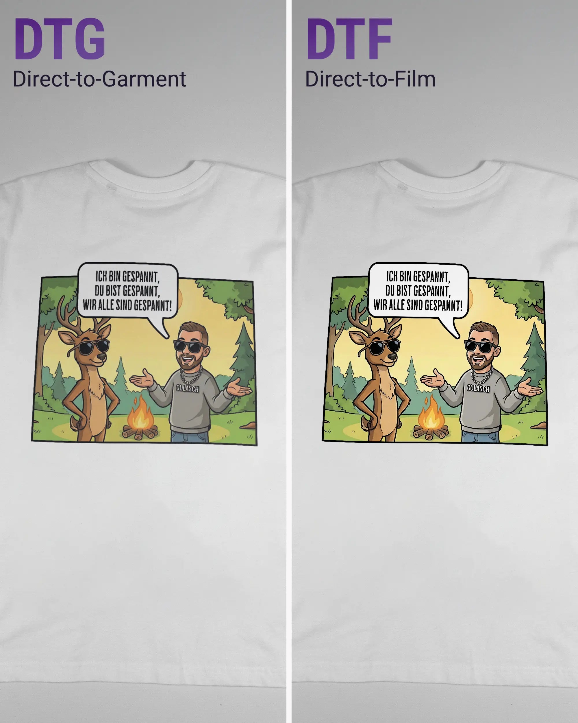 Vergleich der Rückseiten des Basic Unisex T-Shirt Oversized von Maondo mit dem Design Vollspannung in der Farbe White und in der Größe S links mit dem Direct-to-Garment und rechts mit dem Direct-to-Film Verfahren