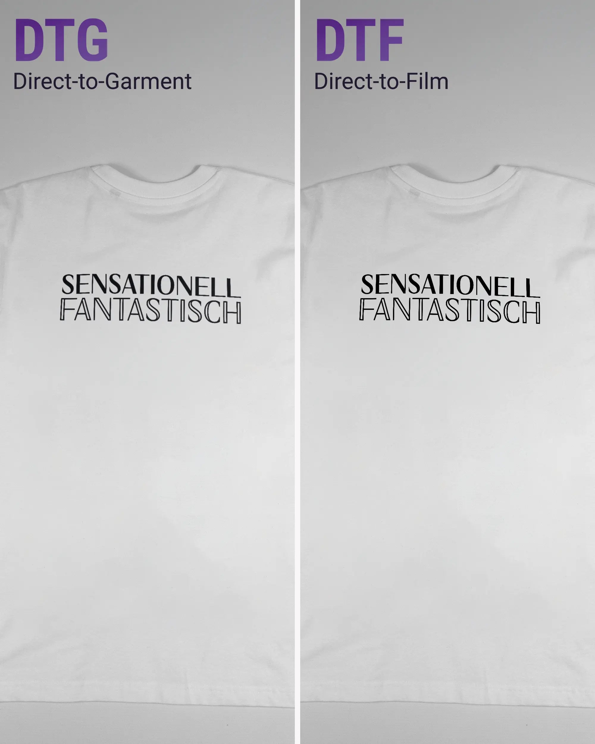 Vergleich der Rückseiten des Basic Unisex T-Shirt Oversized von Maondo mit dem Design Sensationell in der Farbe White und in der Größe S links mit dem Direct-to-Garment und rechts mit dem Direct-to-Film Verfahren